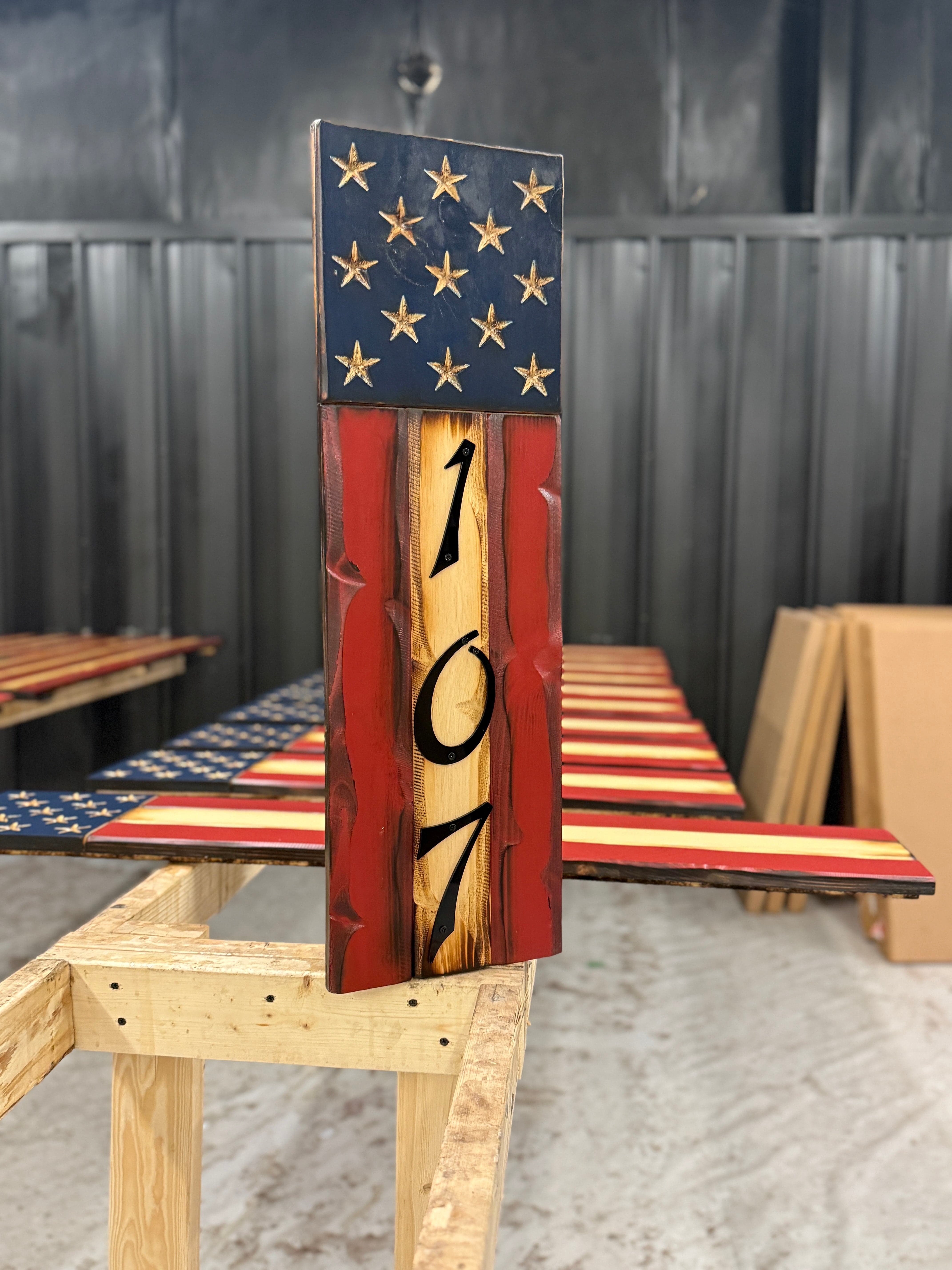 Patriotic Rustic Address Wooden American Flag Sign