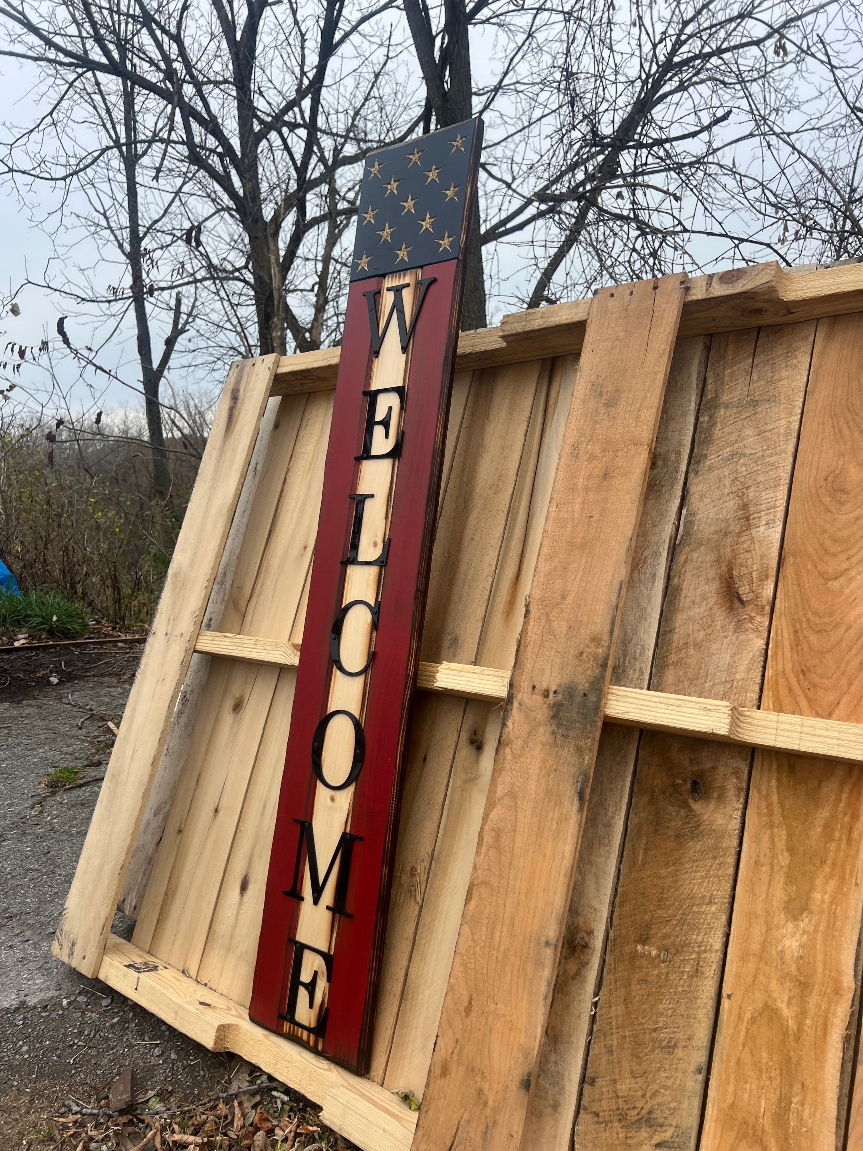Patriotic Wooden American Flag Welcome Sign