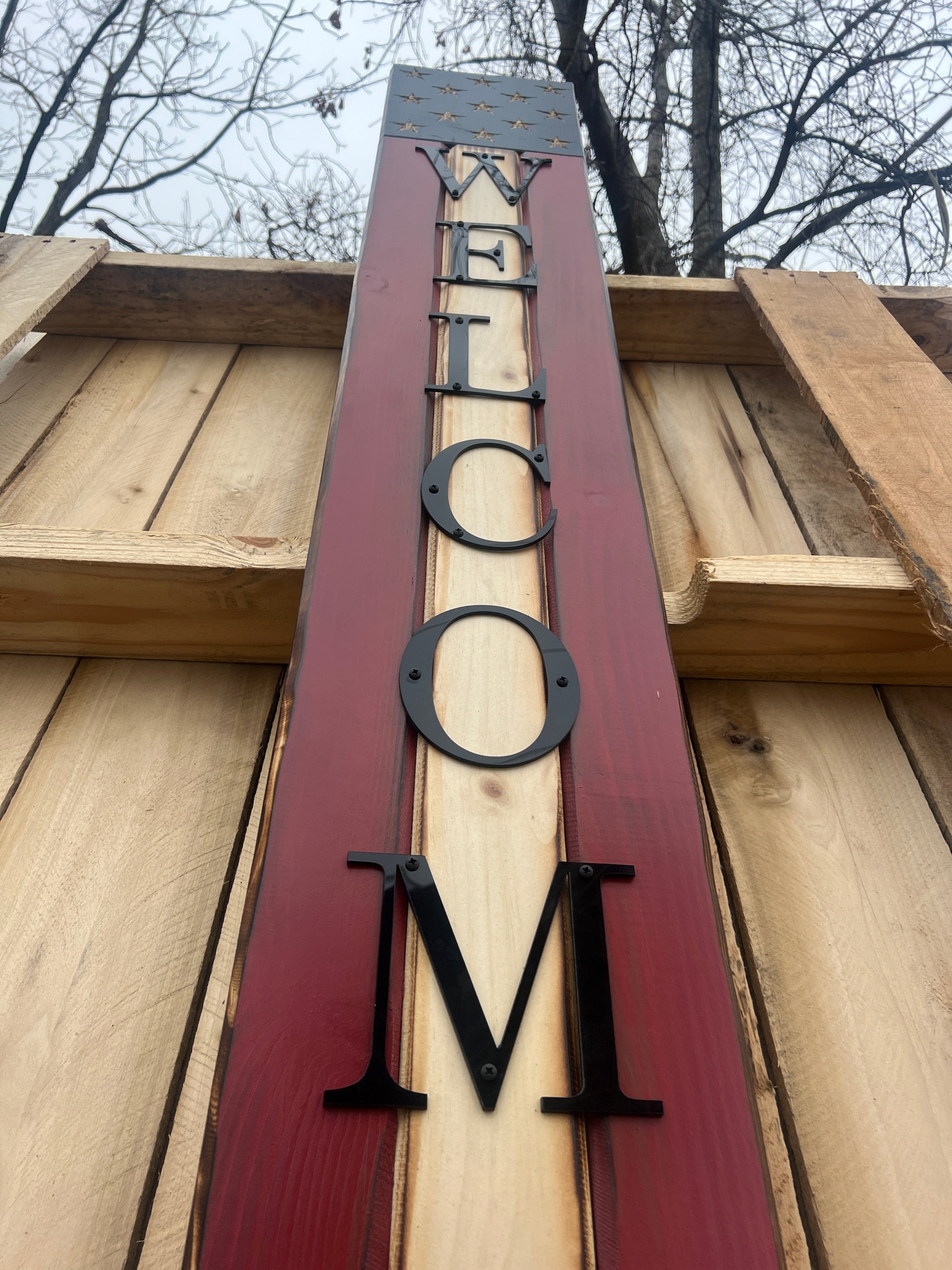 Patriotic Wooden American Flag Welcome Sign