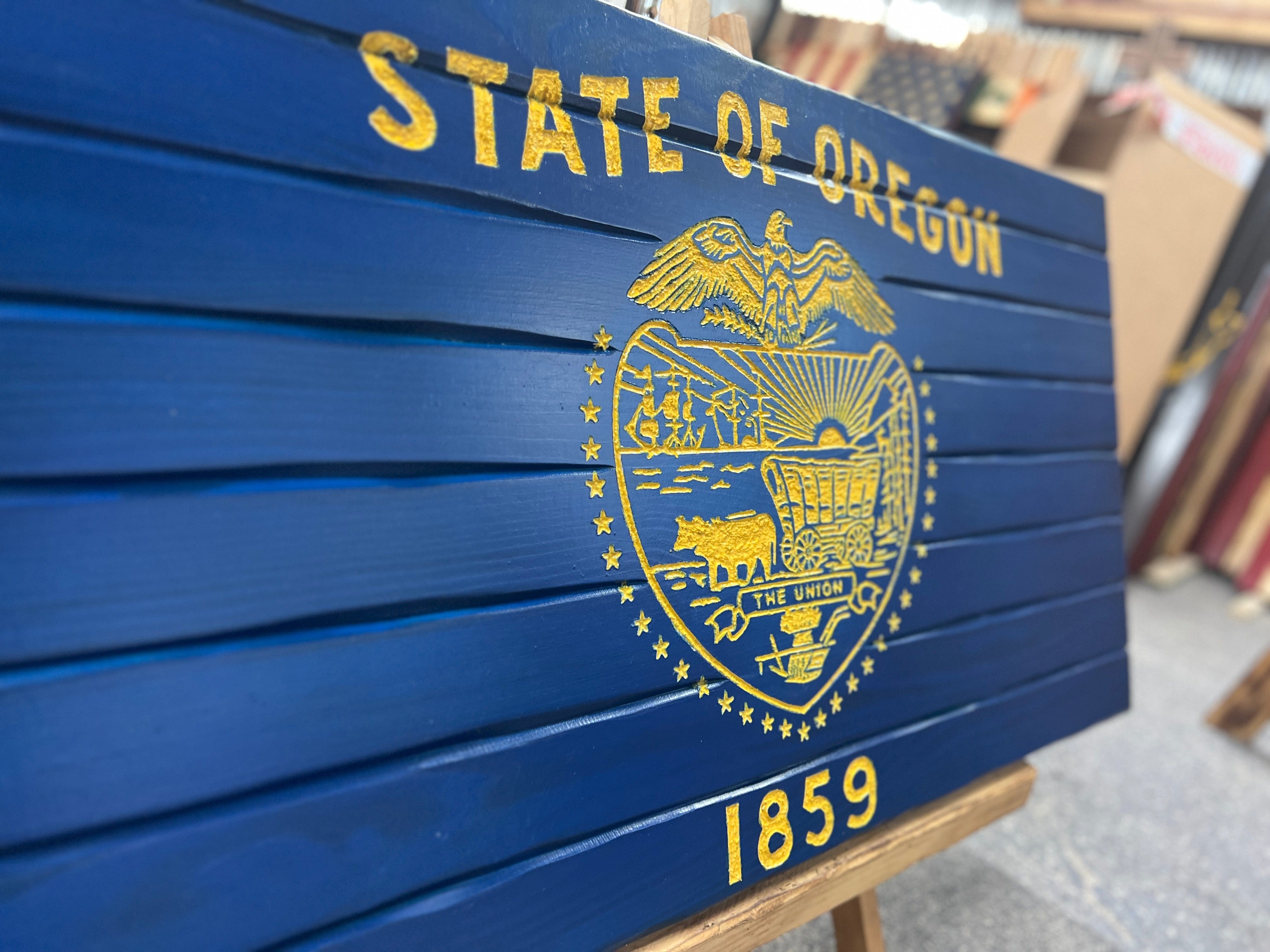 Oregon Handcarved Wooden Flag