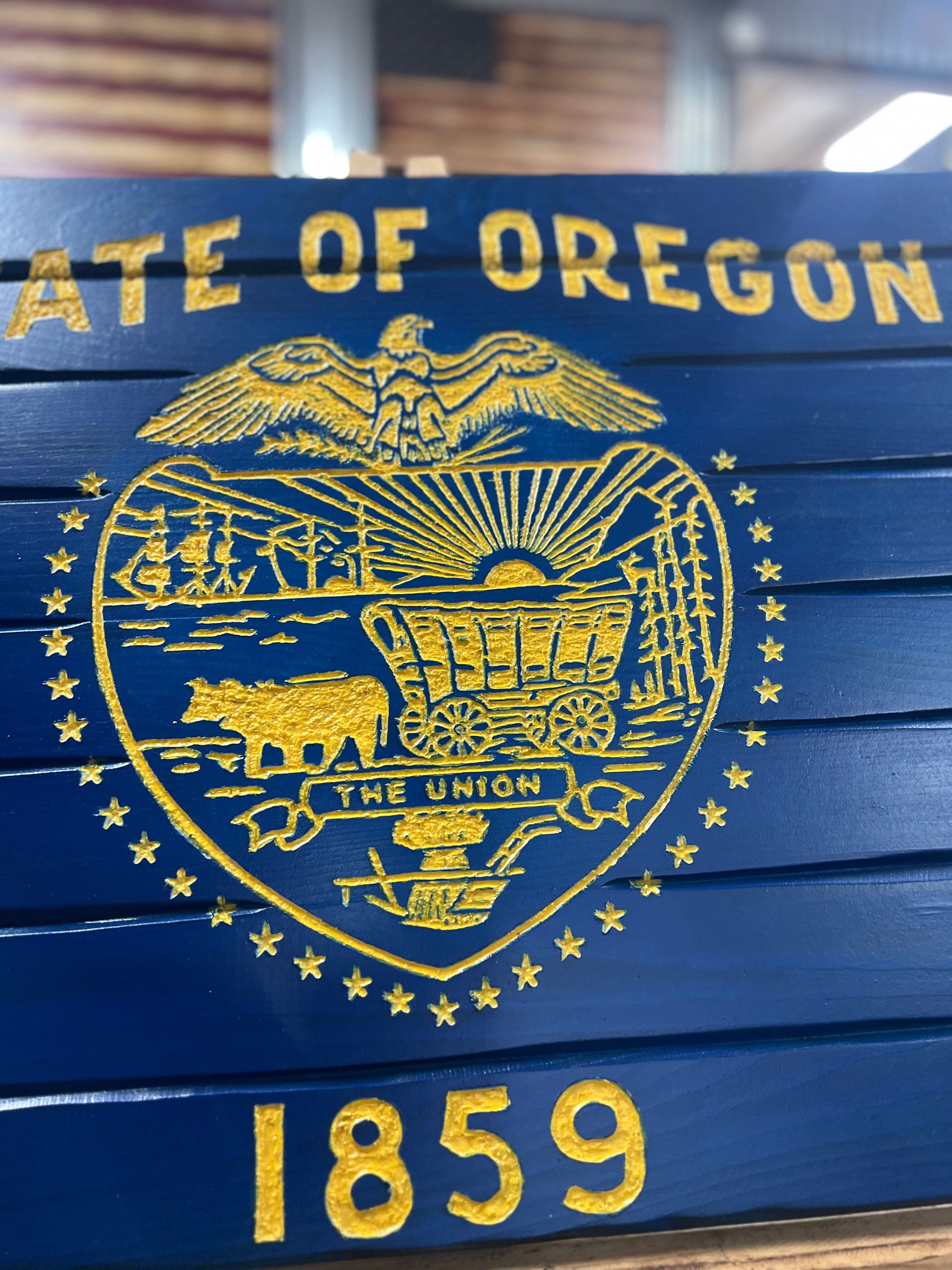 Oregon Handcarved Wooden Flag