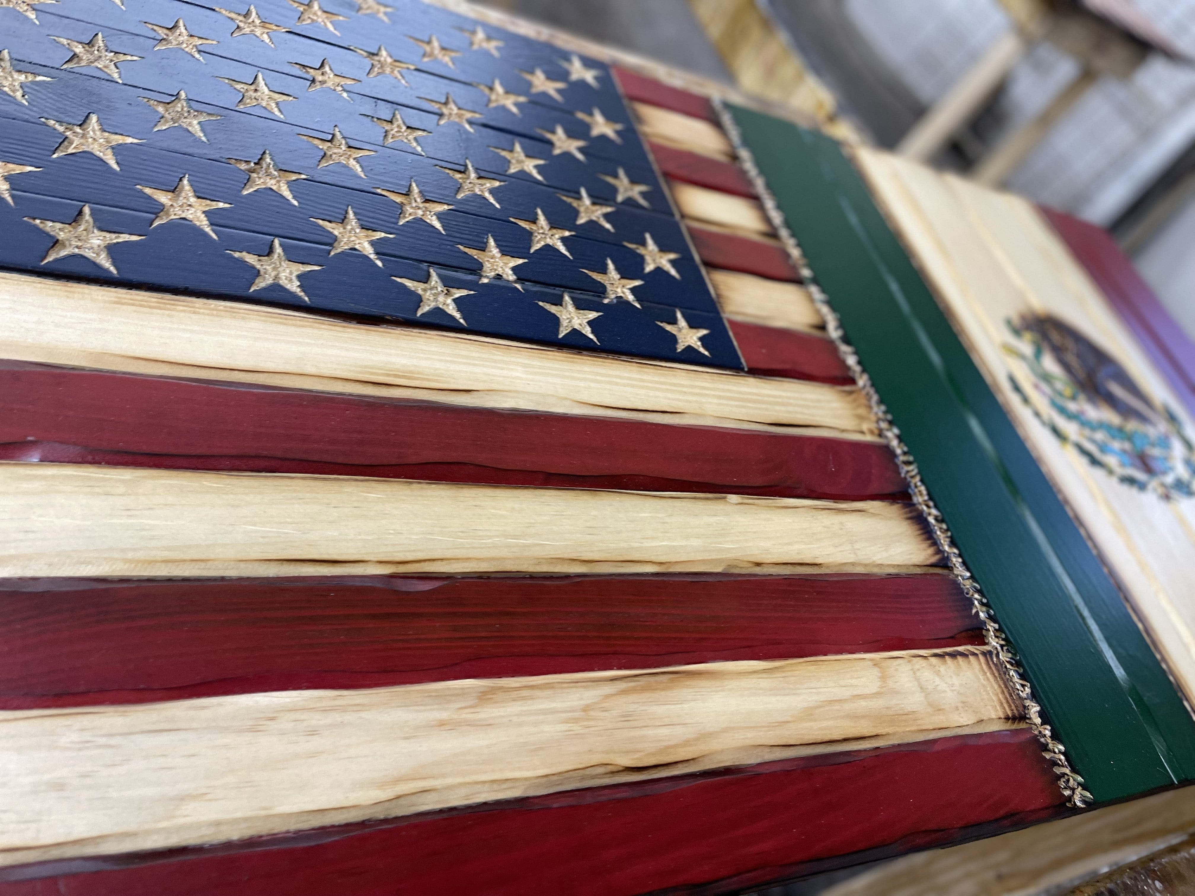 USA/Mexico Handcarved Wooden Flag