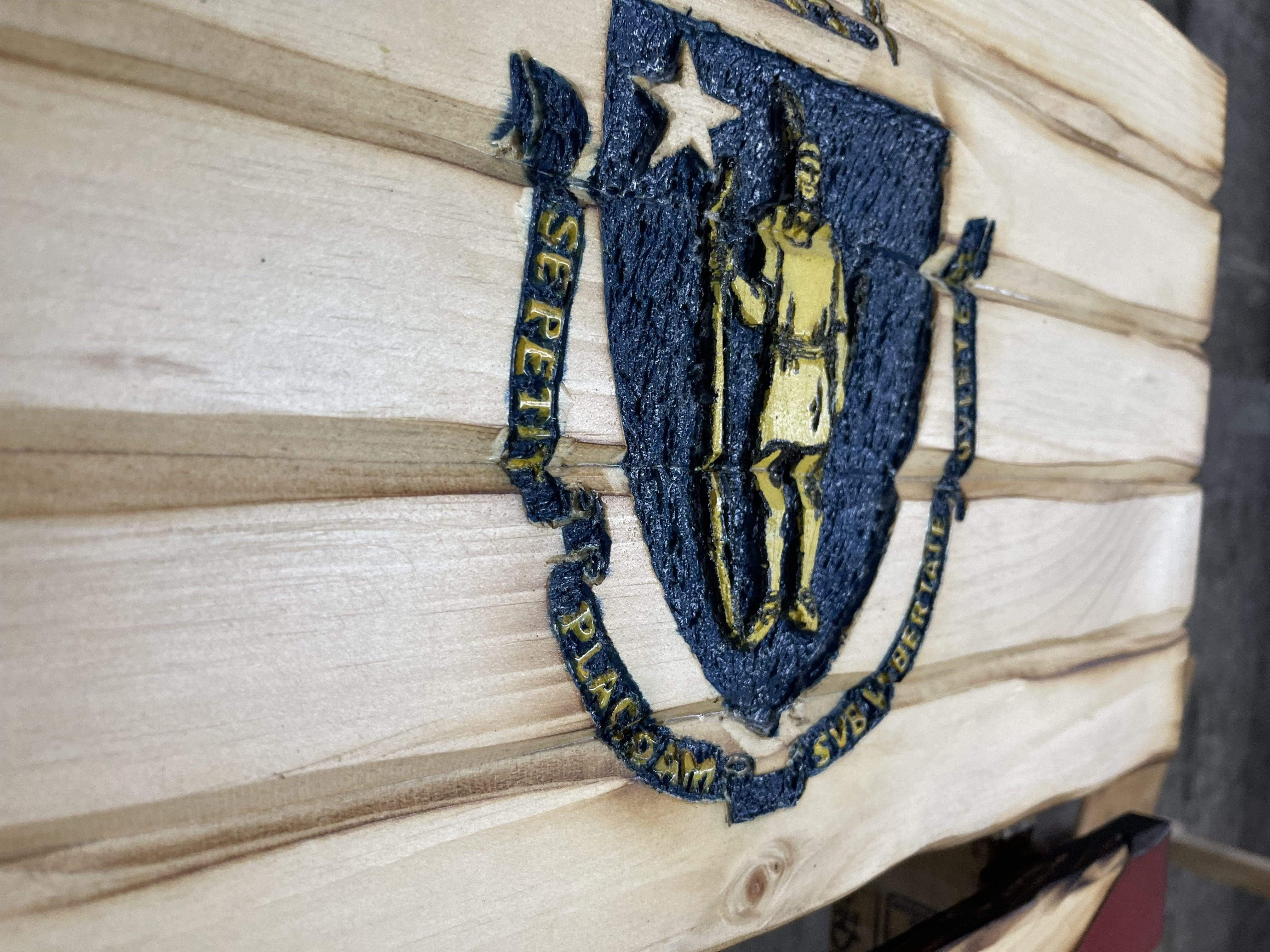 Massachusetts Handcarved Wooden Flag