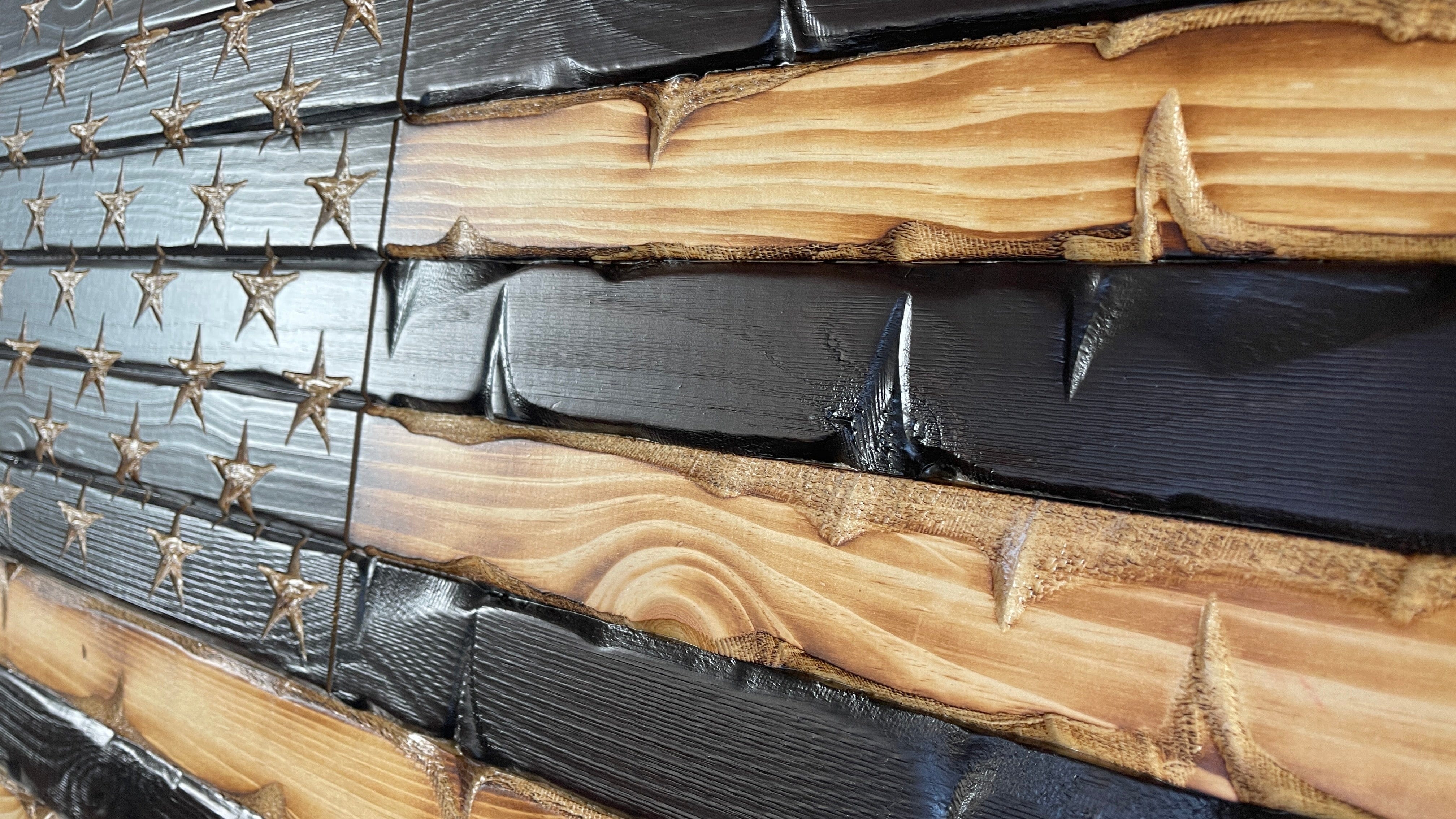 Rustic Charred Glory Handcarved Wooden American Flag