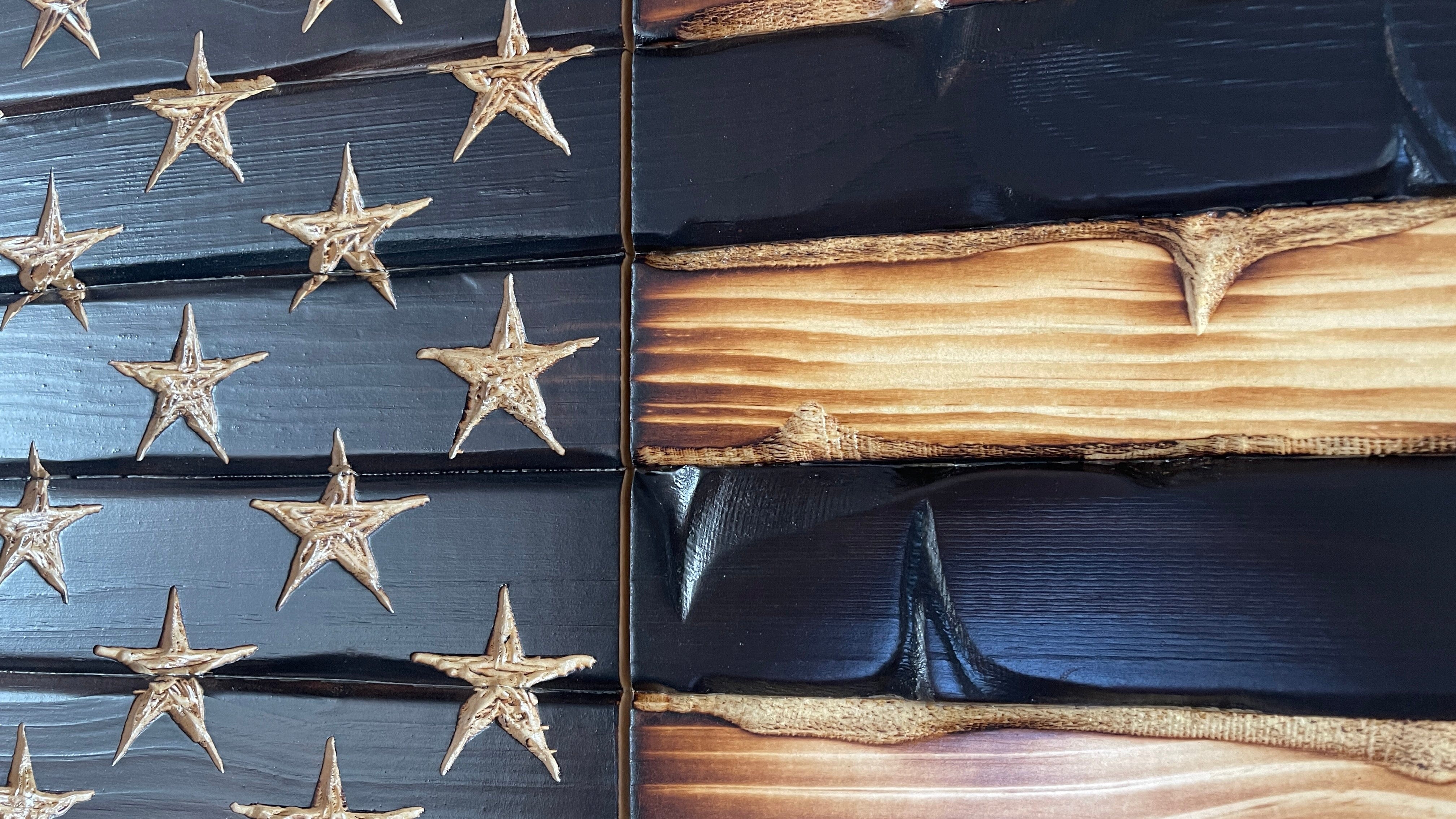 Rustic Charred Glory Handcarved Wooden American Flag