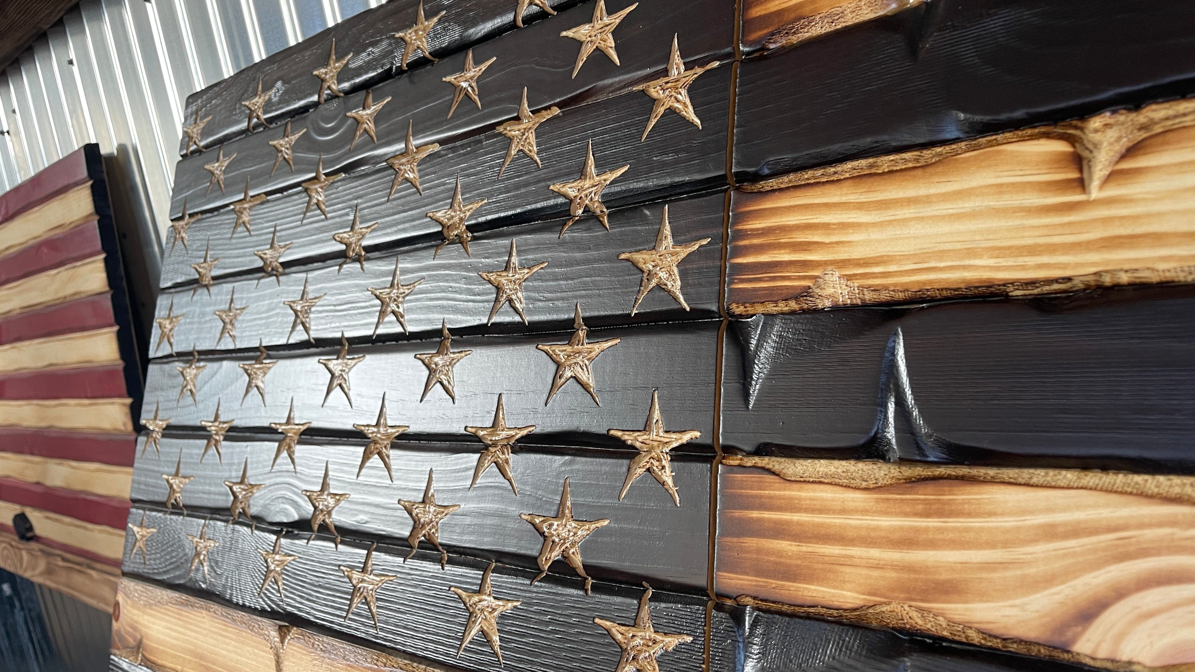 Rustic Charred Glory Handcarved Wooden American Flag
