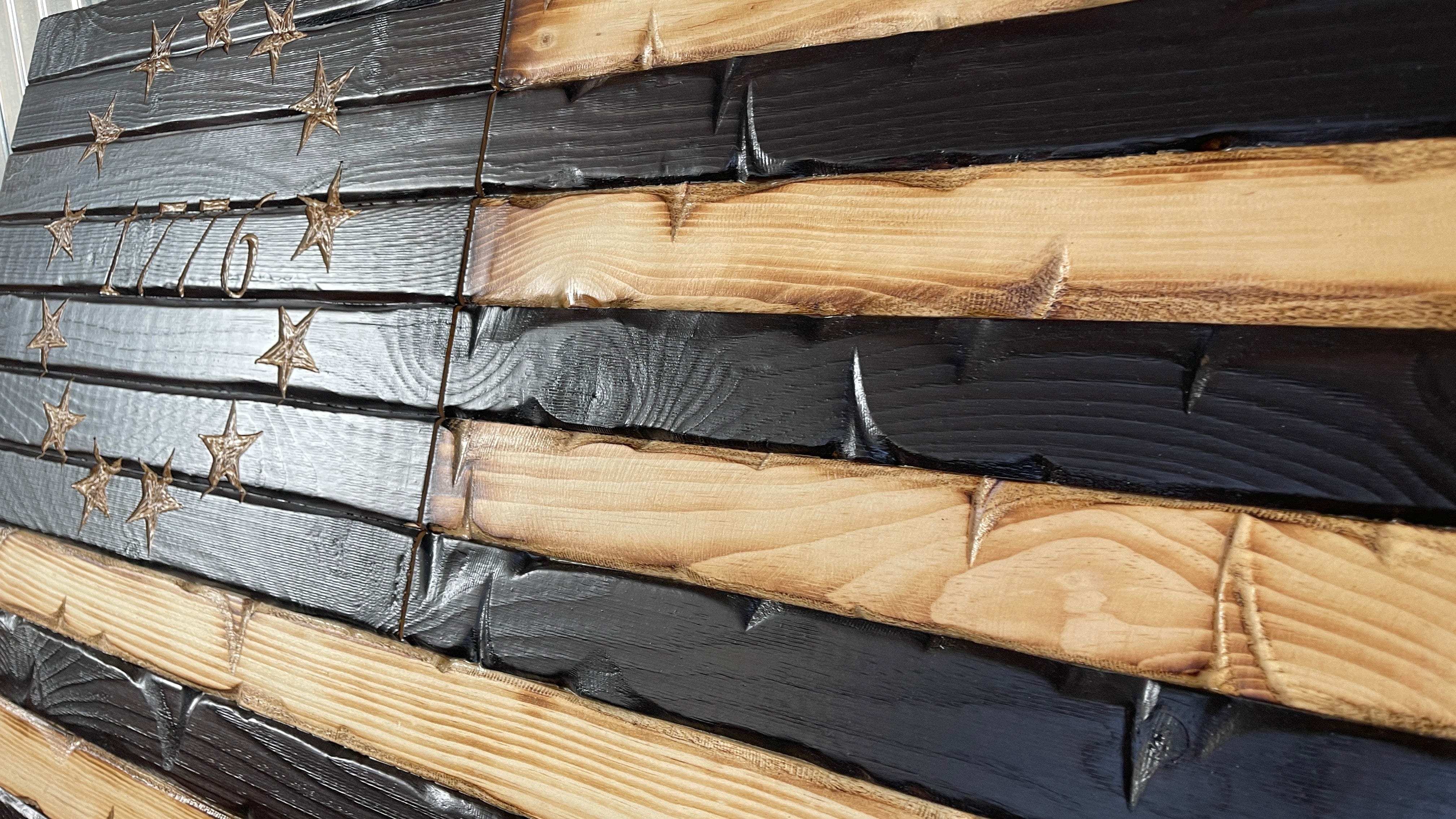 Rustic Charred Glory 1776 Handcarved Wooden American Flag