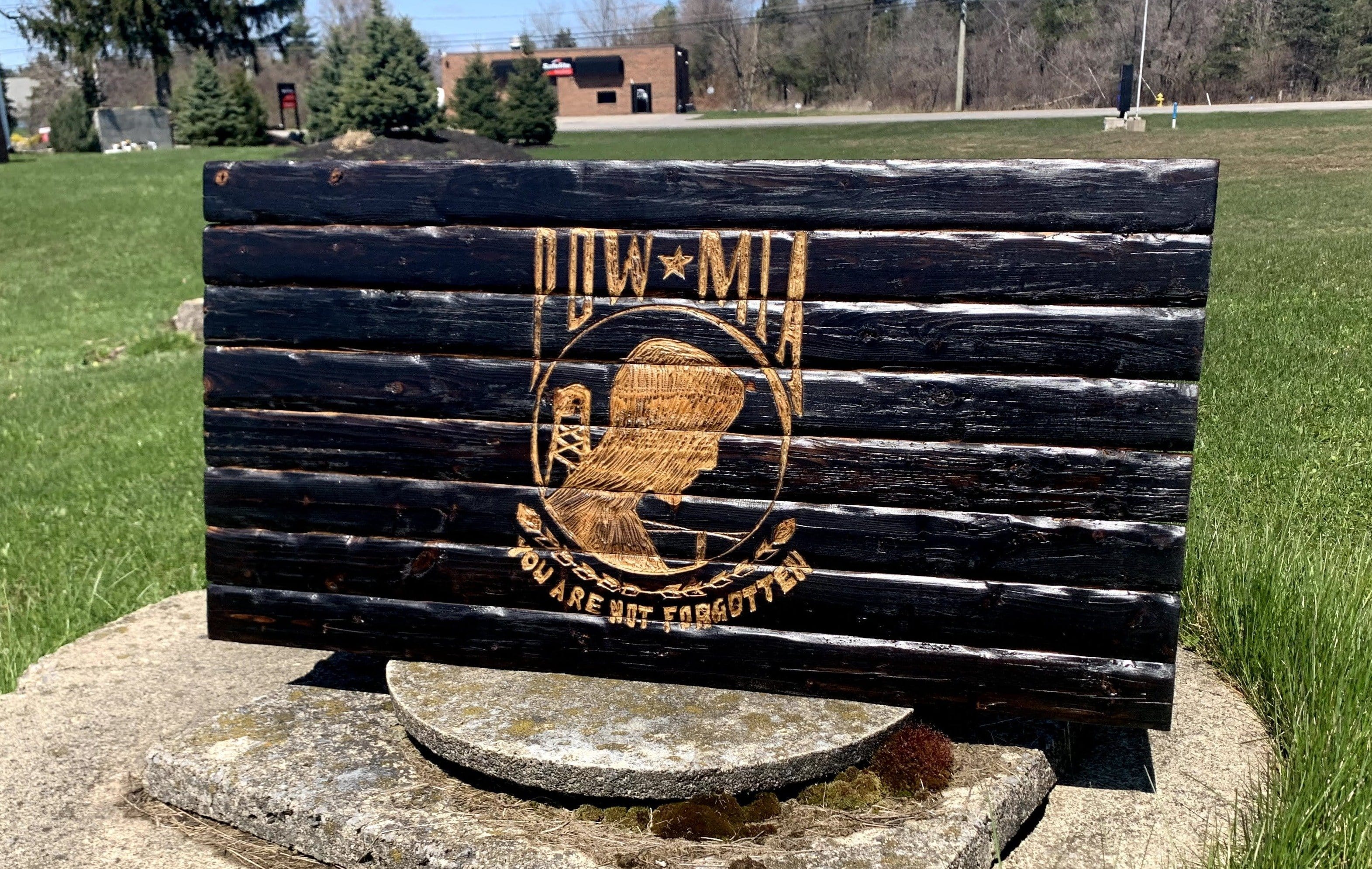 pow mia prisoner of war handcarved wood flag