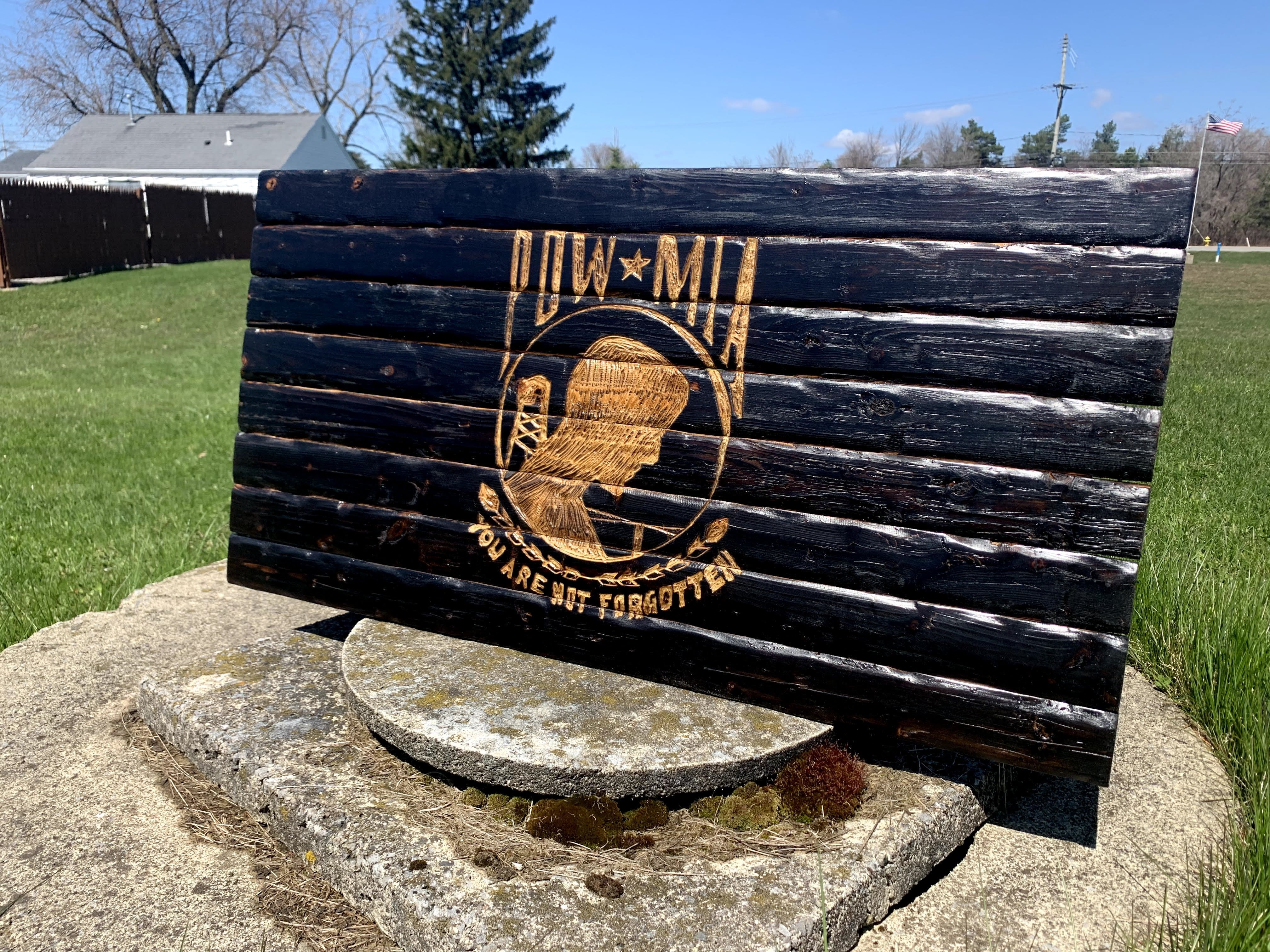 POW MIA Handcarved Wooden Flag