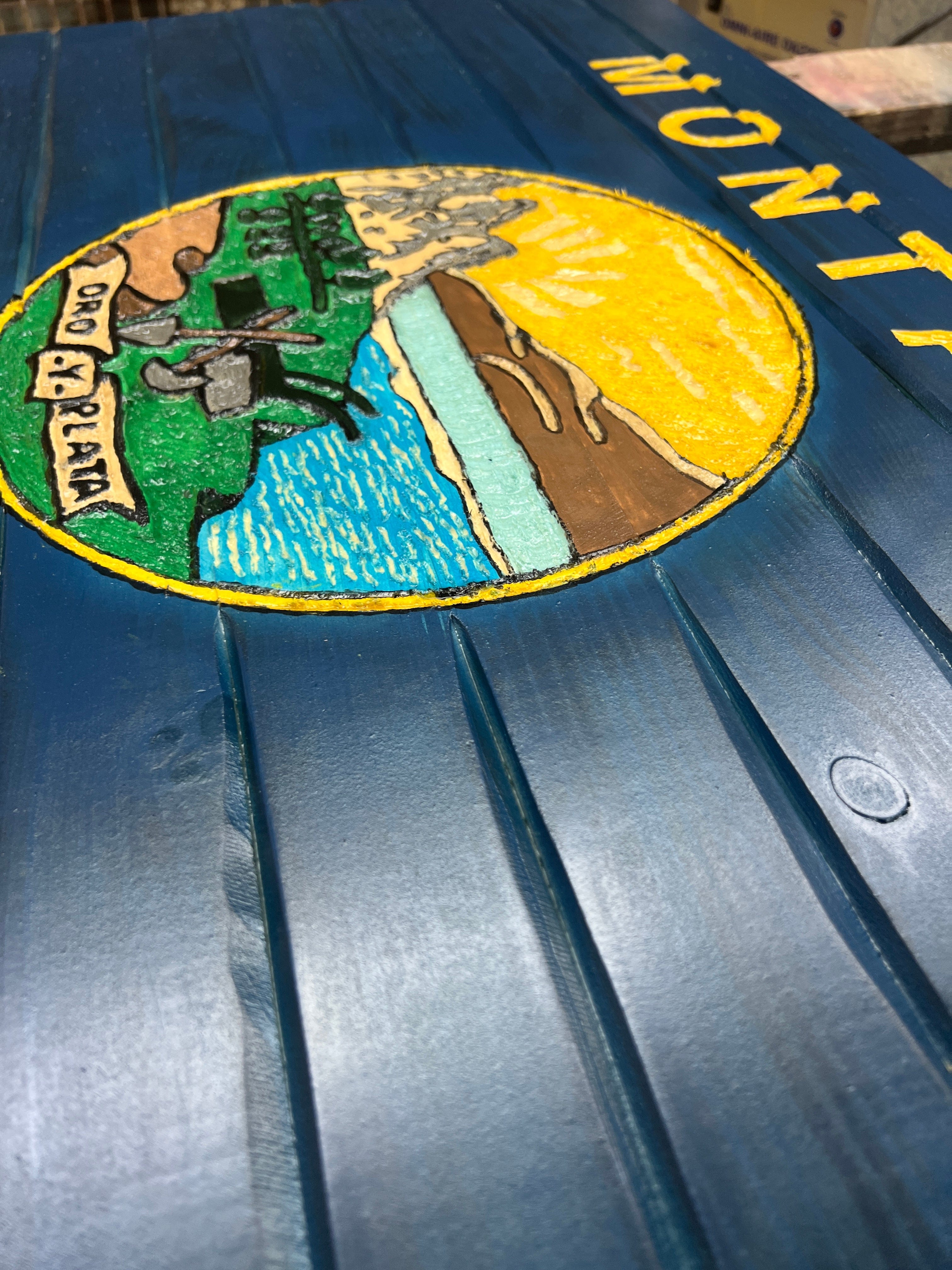 Montana Handcarved Wooden State Flag