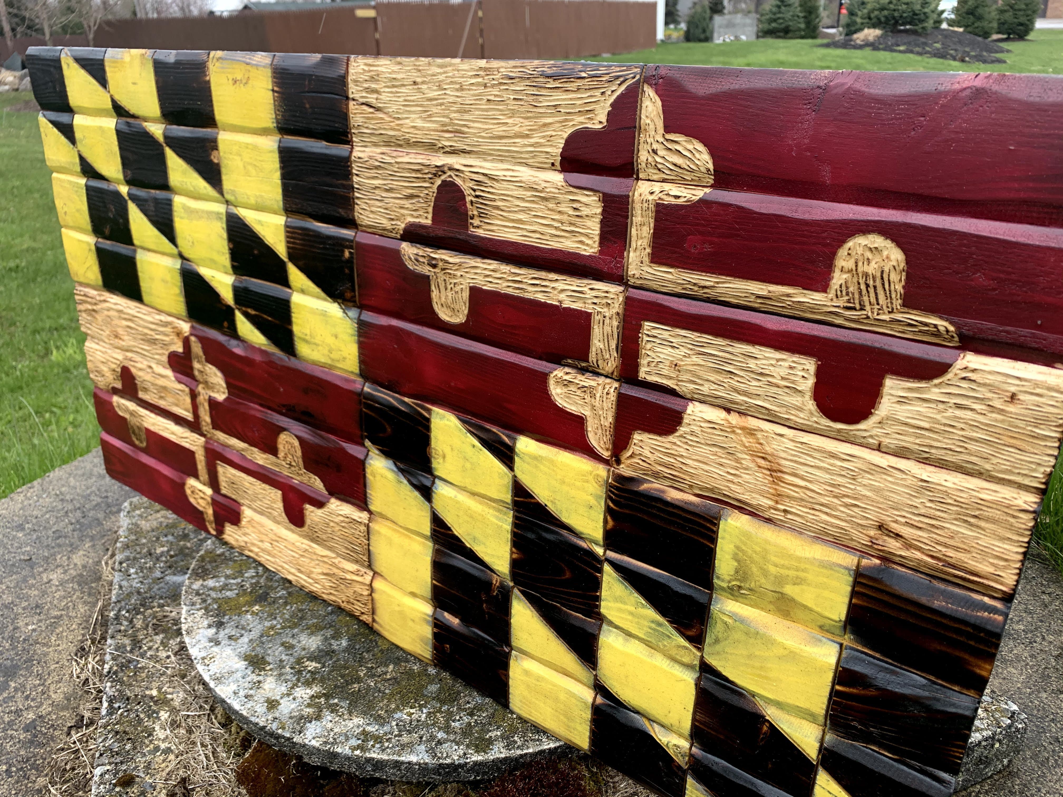 Maryland Handcarved Wooden Flag