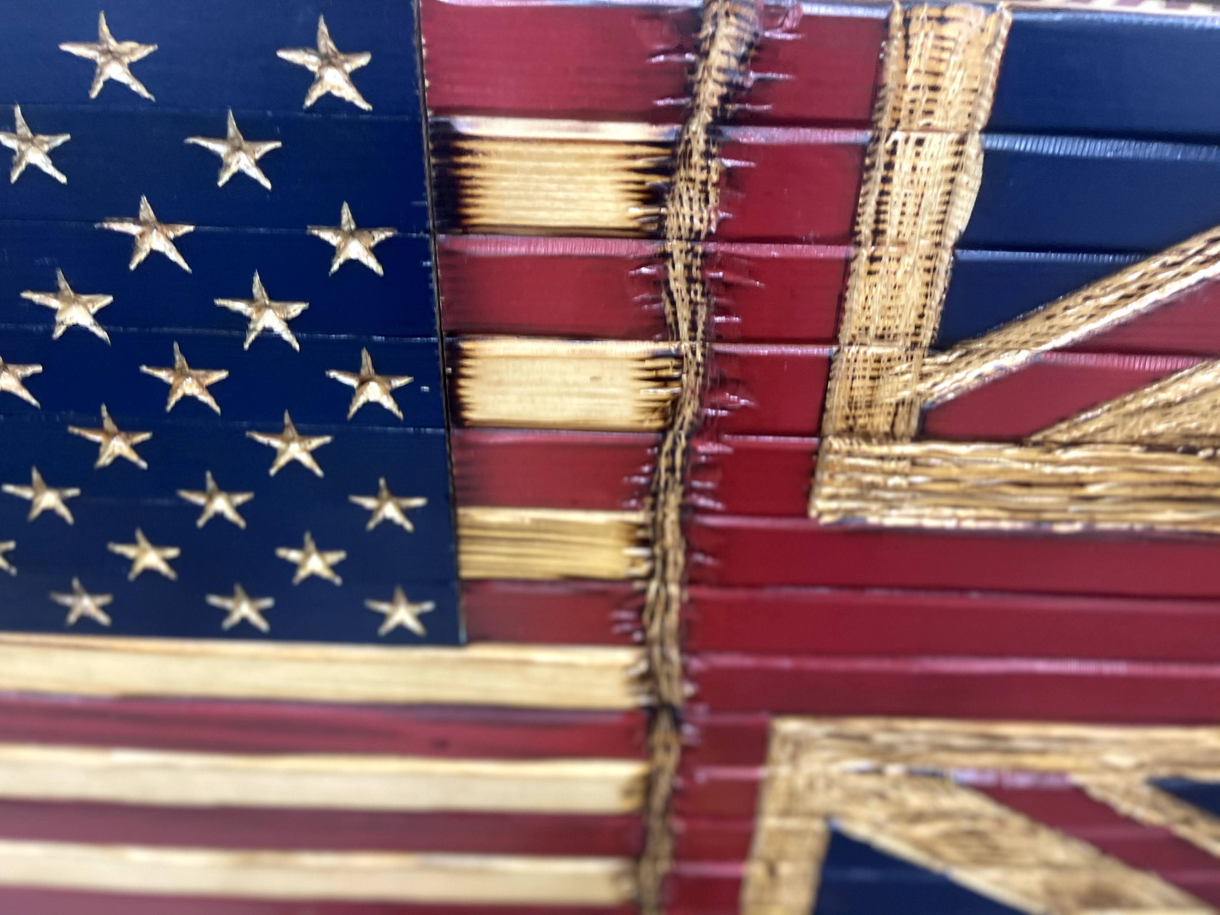 USA/Union Jack Handcarved Wooden Flag