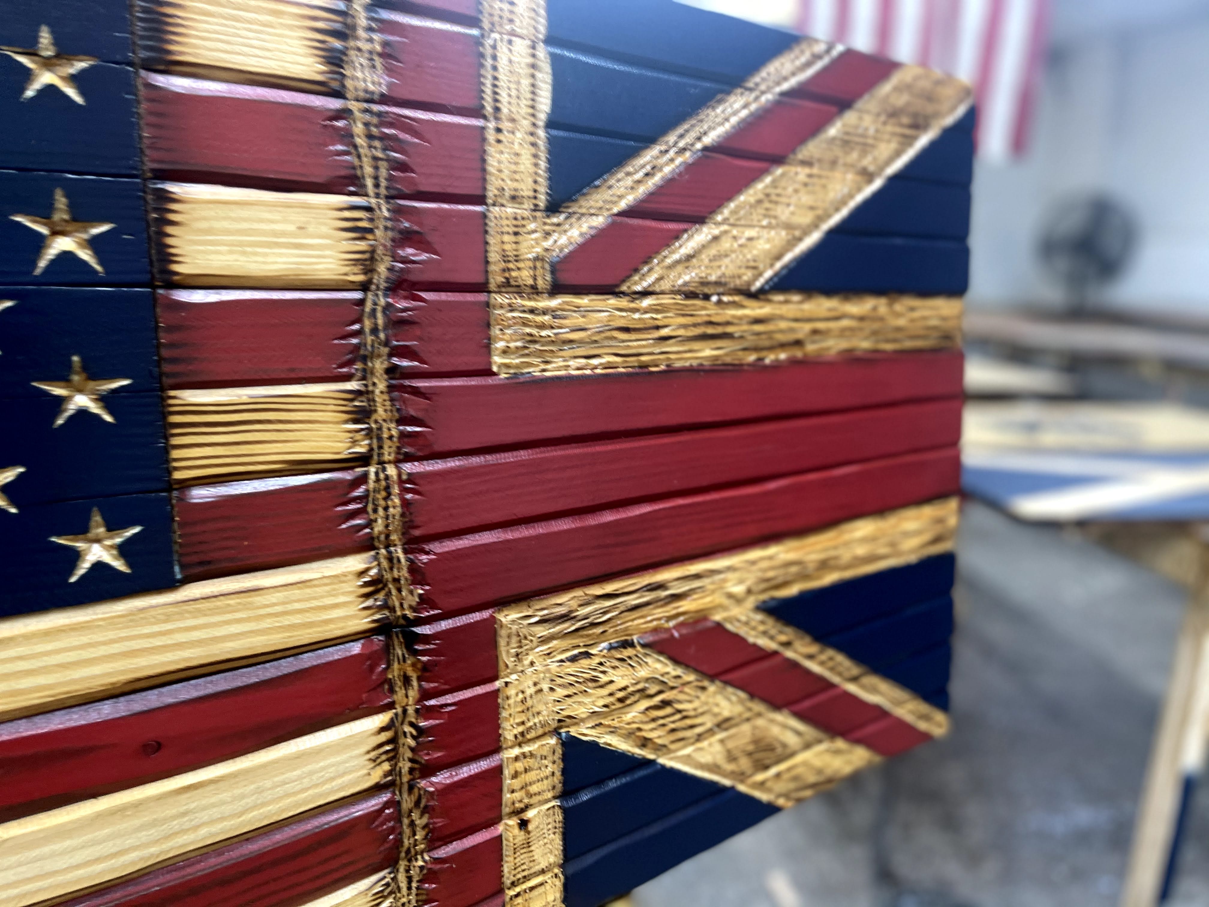 USA/Union Jack Handcarved Wooden Flag