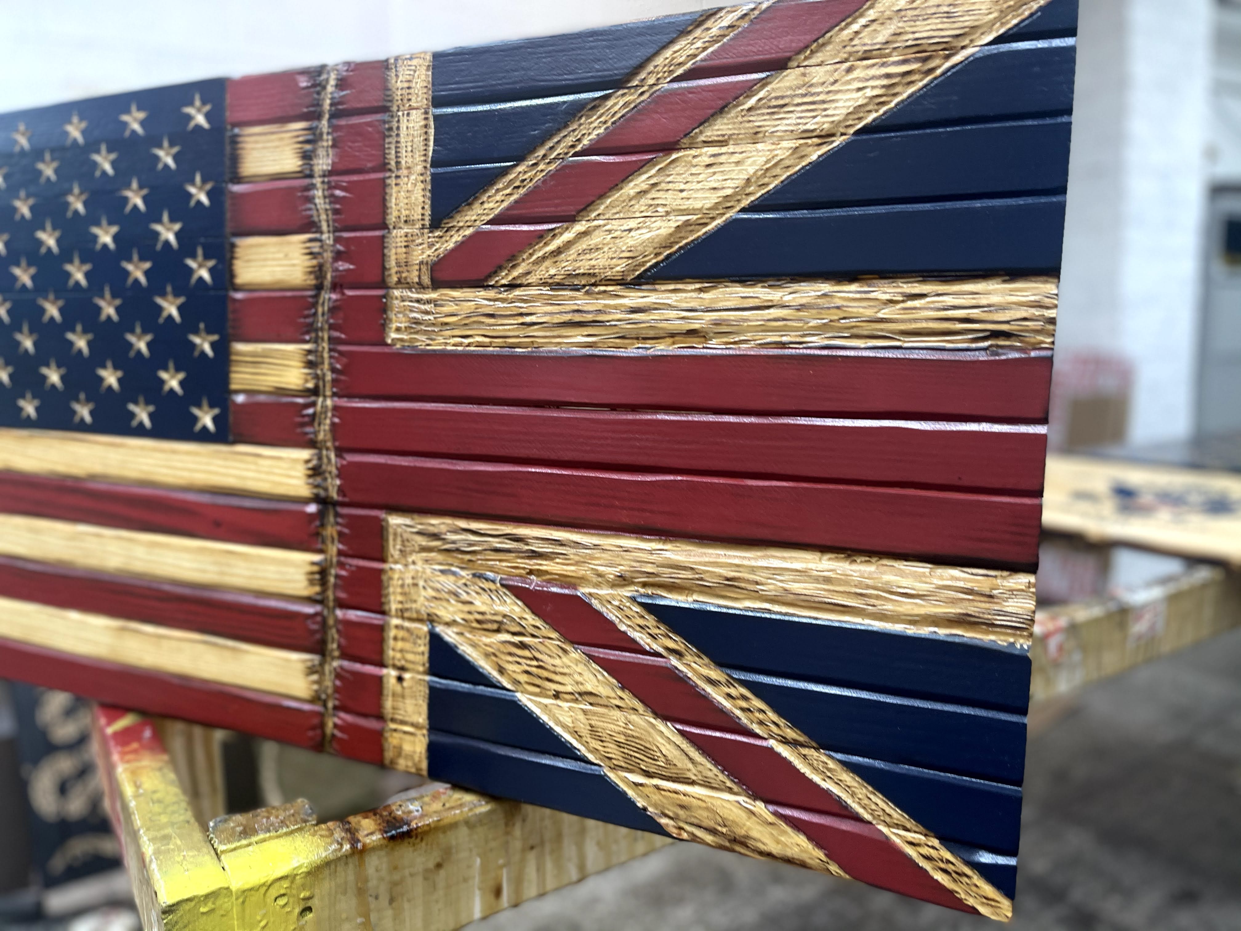 USA/Union Jack Handcarved Wooden Flag