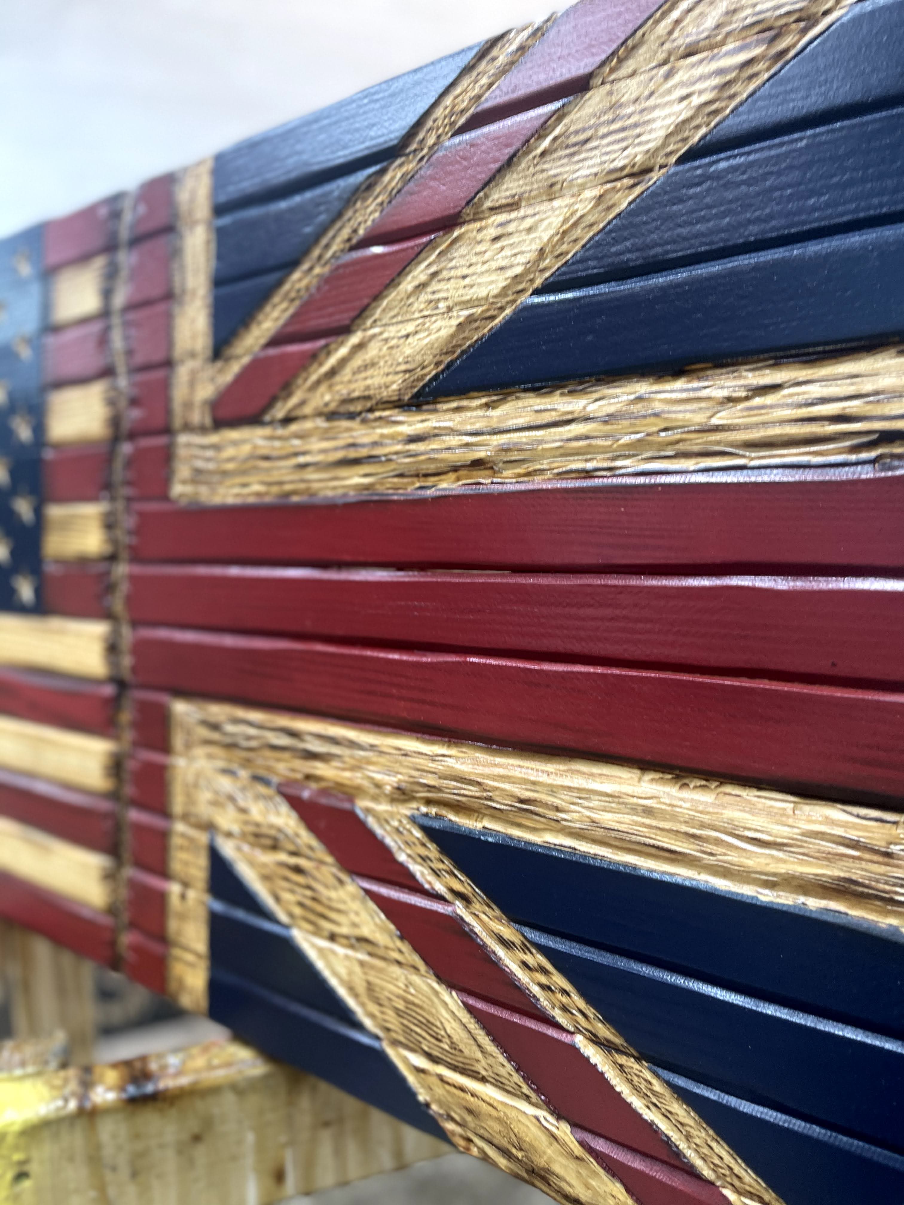 USA/Union Jack Handcarved Wooden Flag