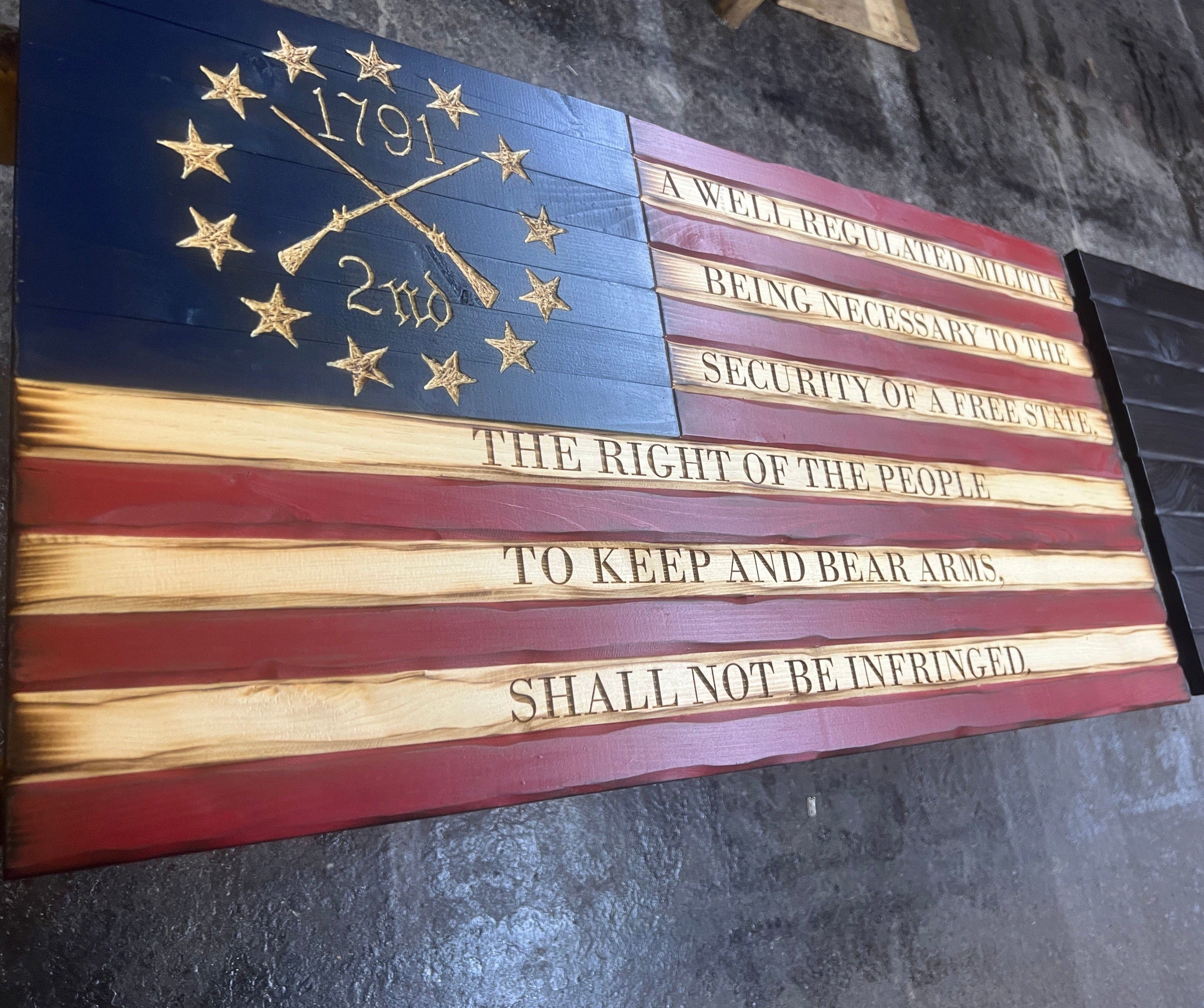 2nd Amendment Betsy Ross Handcarved Wooden American Flag