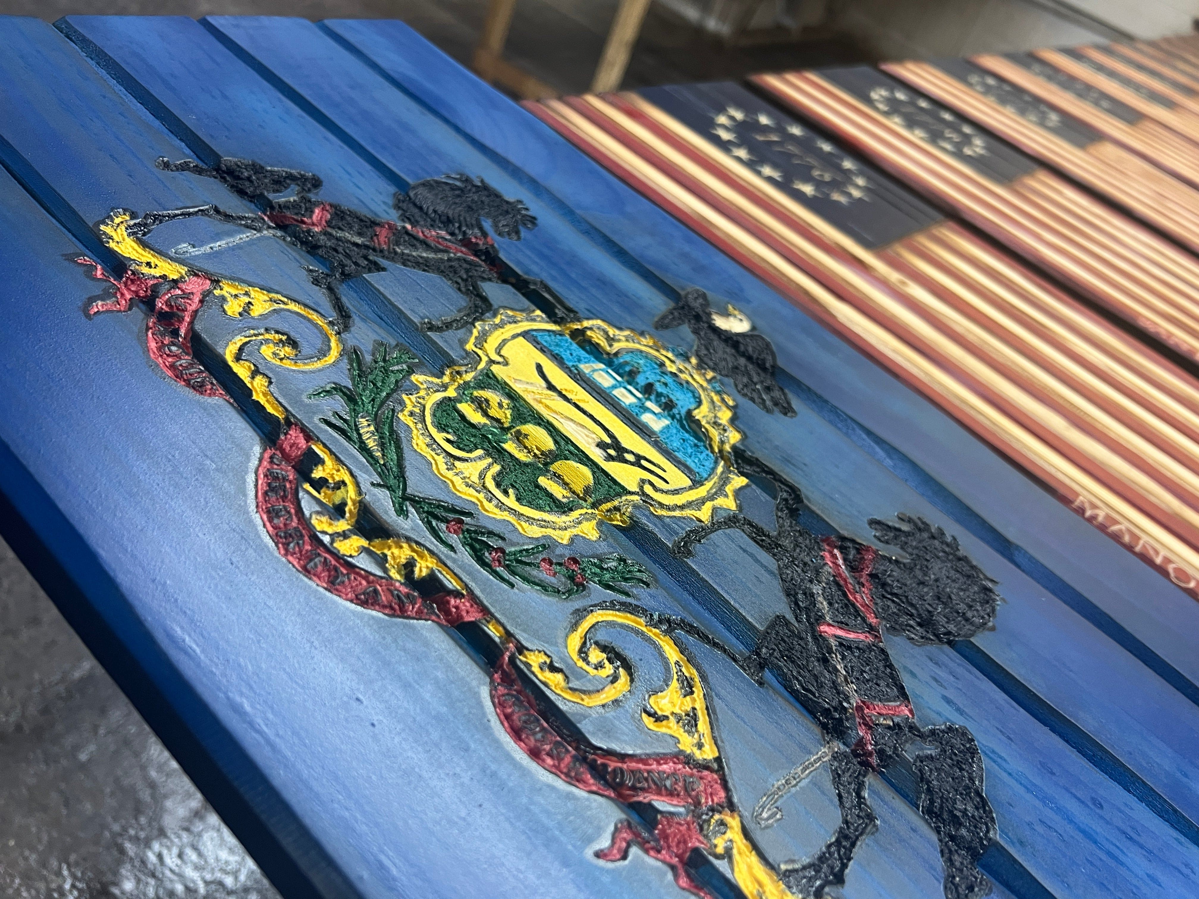 Pennsylvania Handcarved Wooden Flag