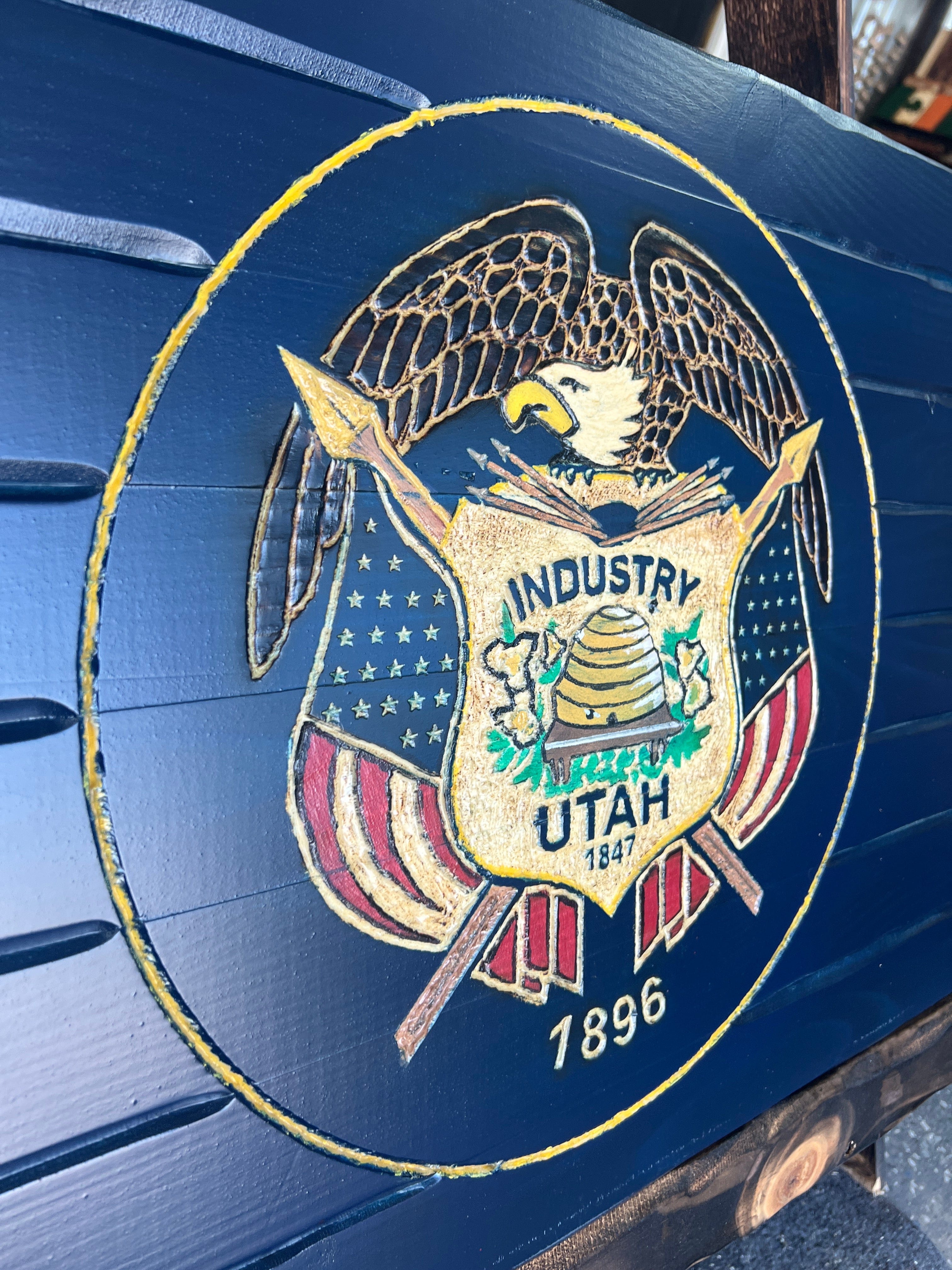 Utah Handcarved Wooden Flag