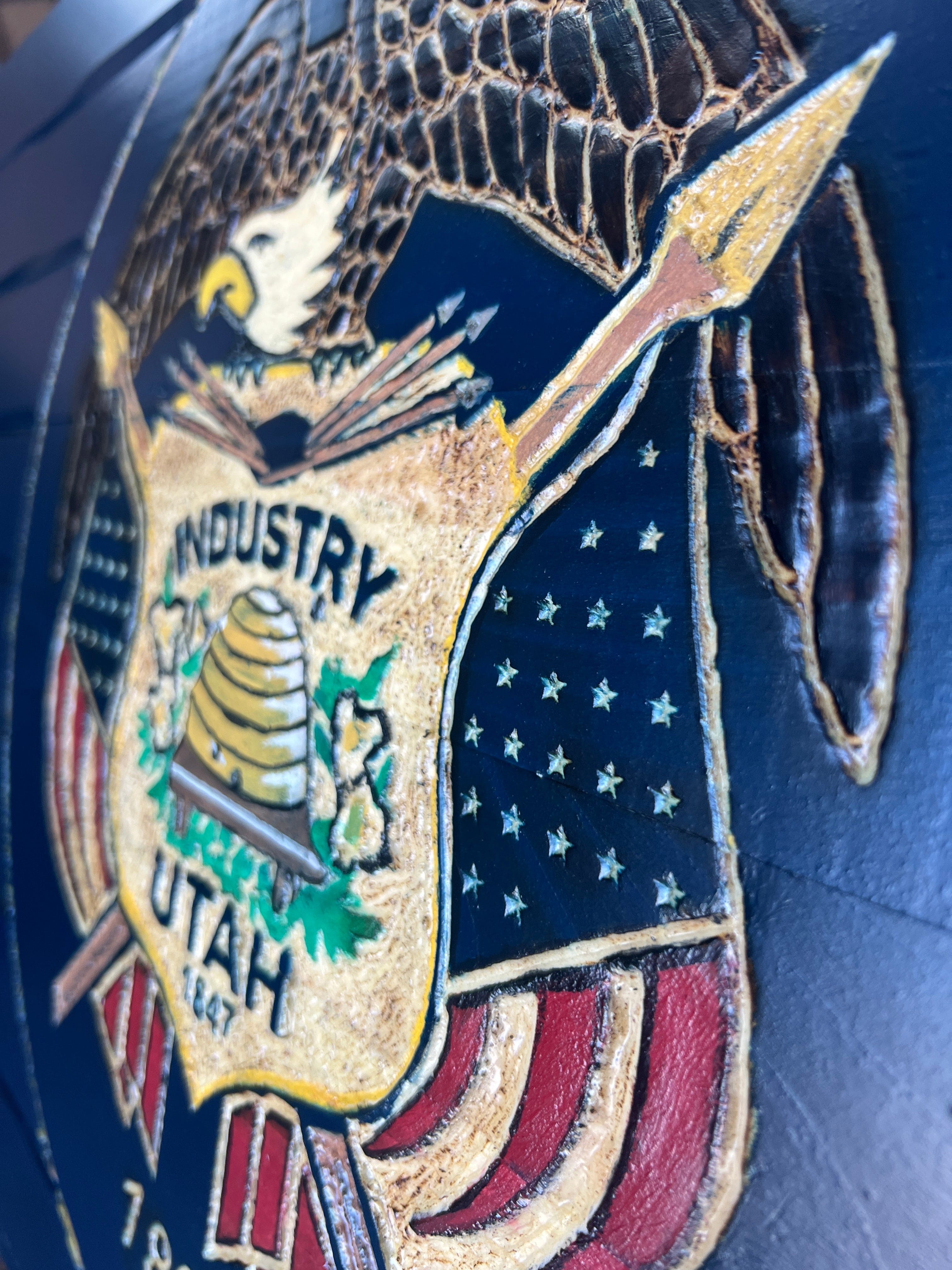 Utah Handcarved Wooden Flag