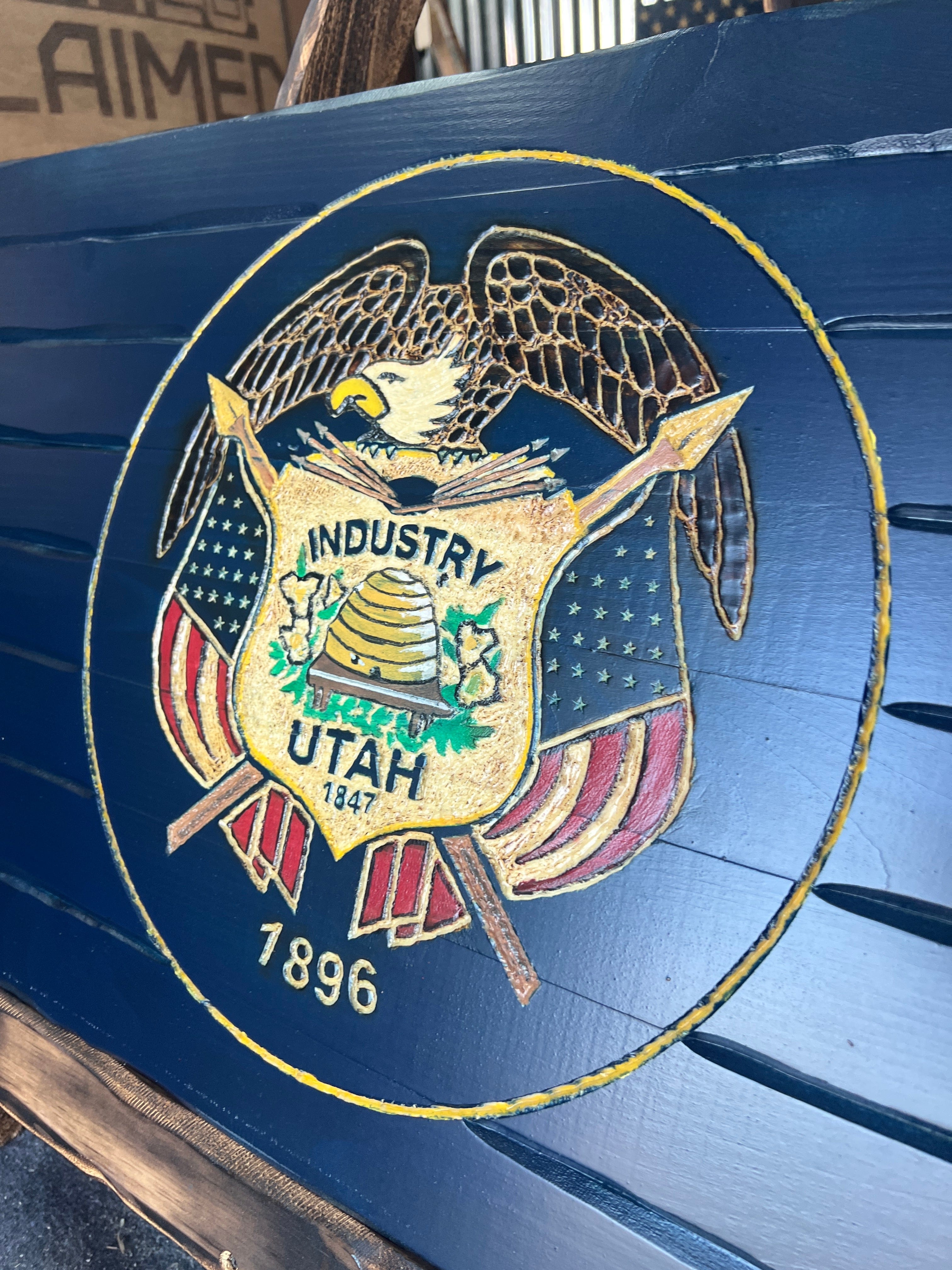 Utah Handcarved Wooden Flag