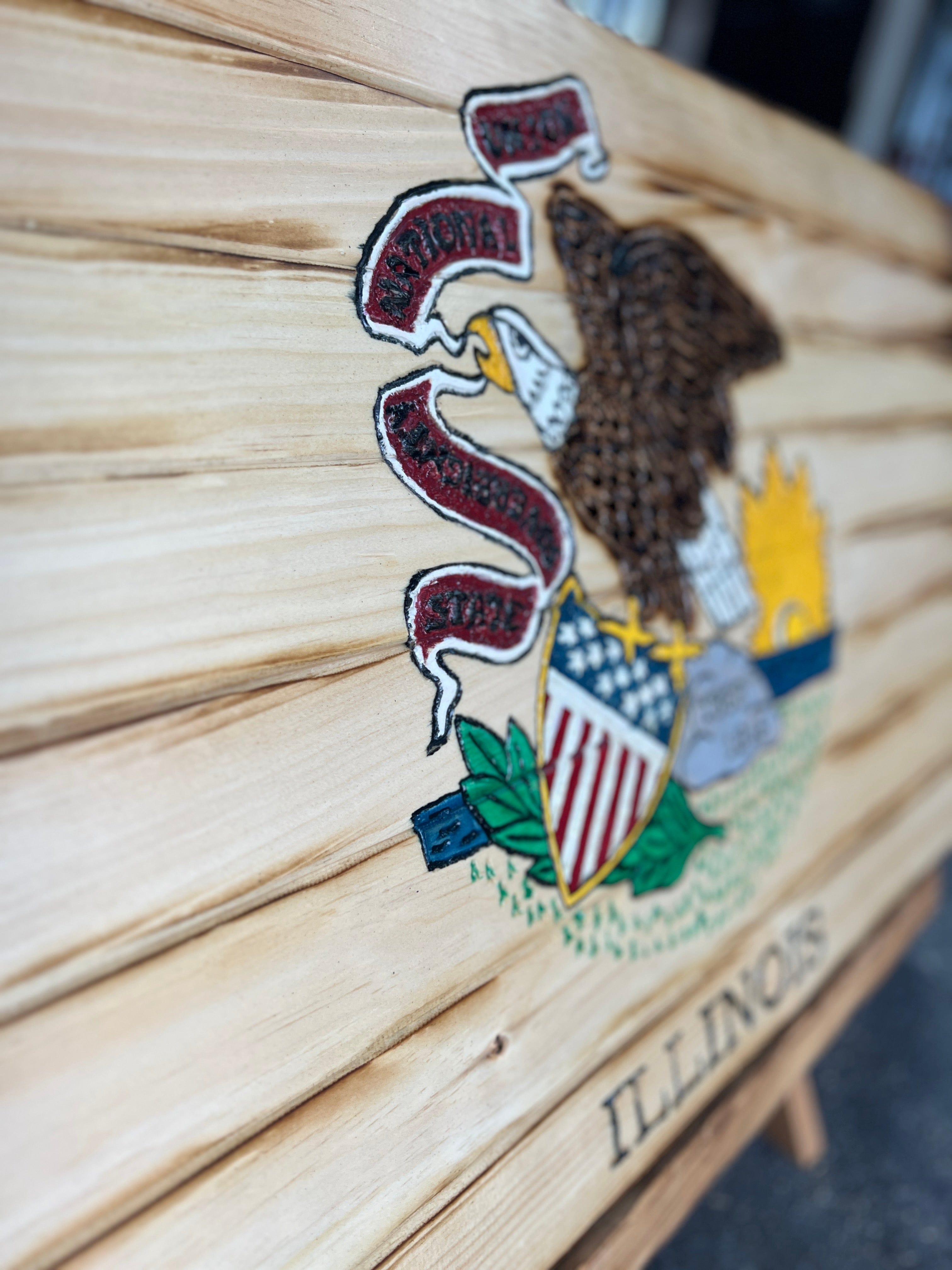 Illinois Handcarved Wooden Flag