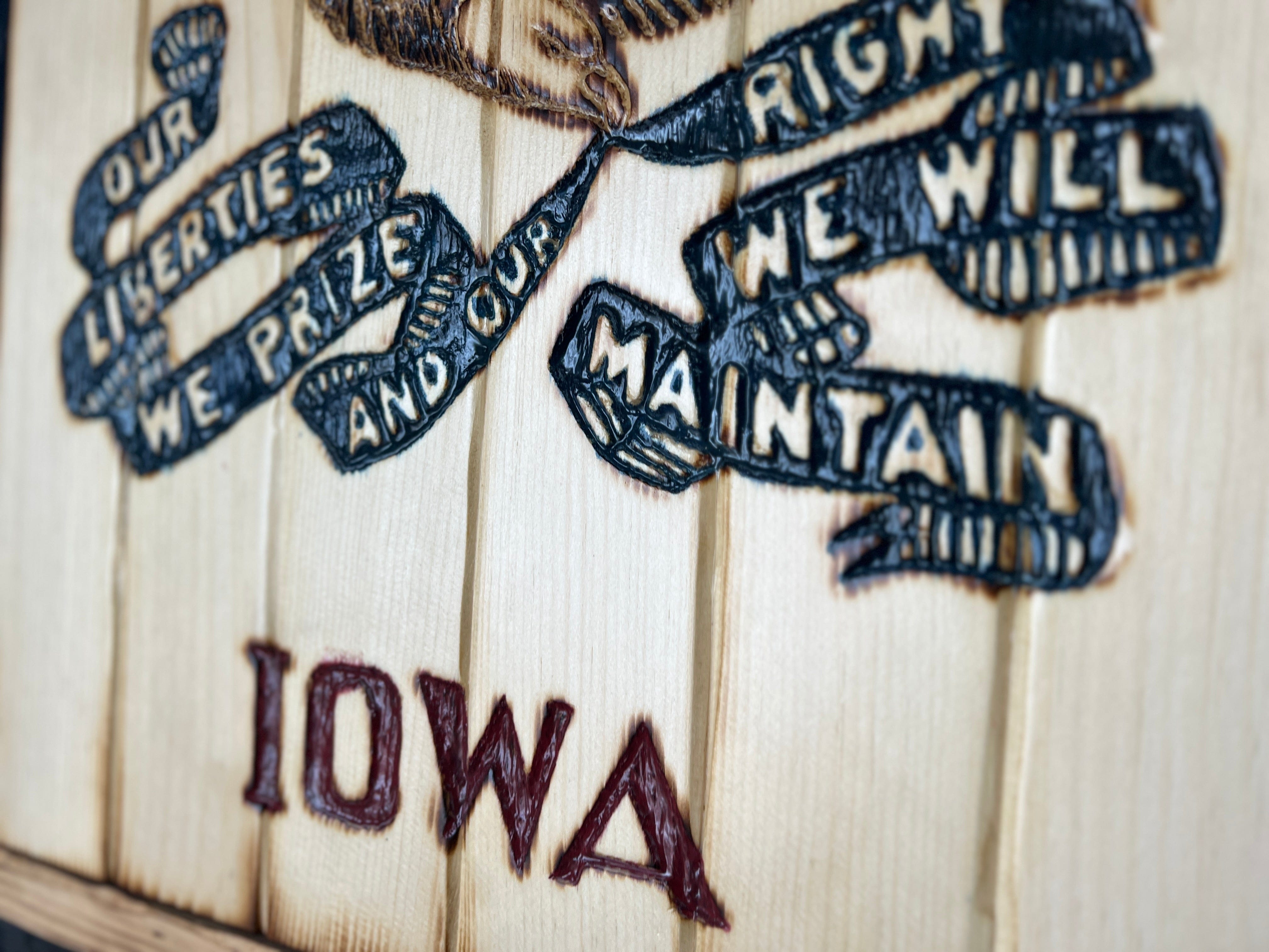 Iowa Handcarved Wooden Flag