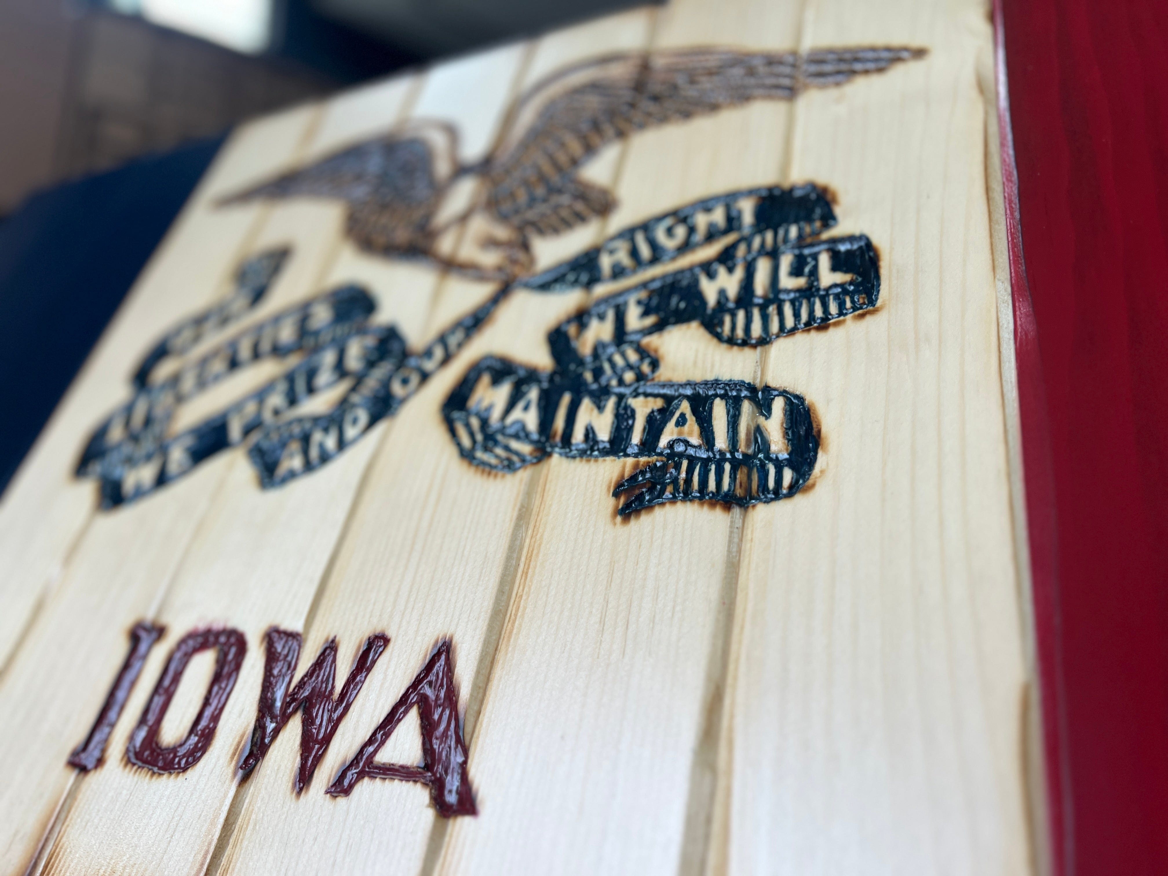 Iowa Handcarved Wooden Flag