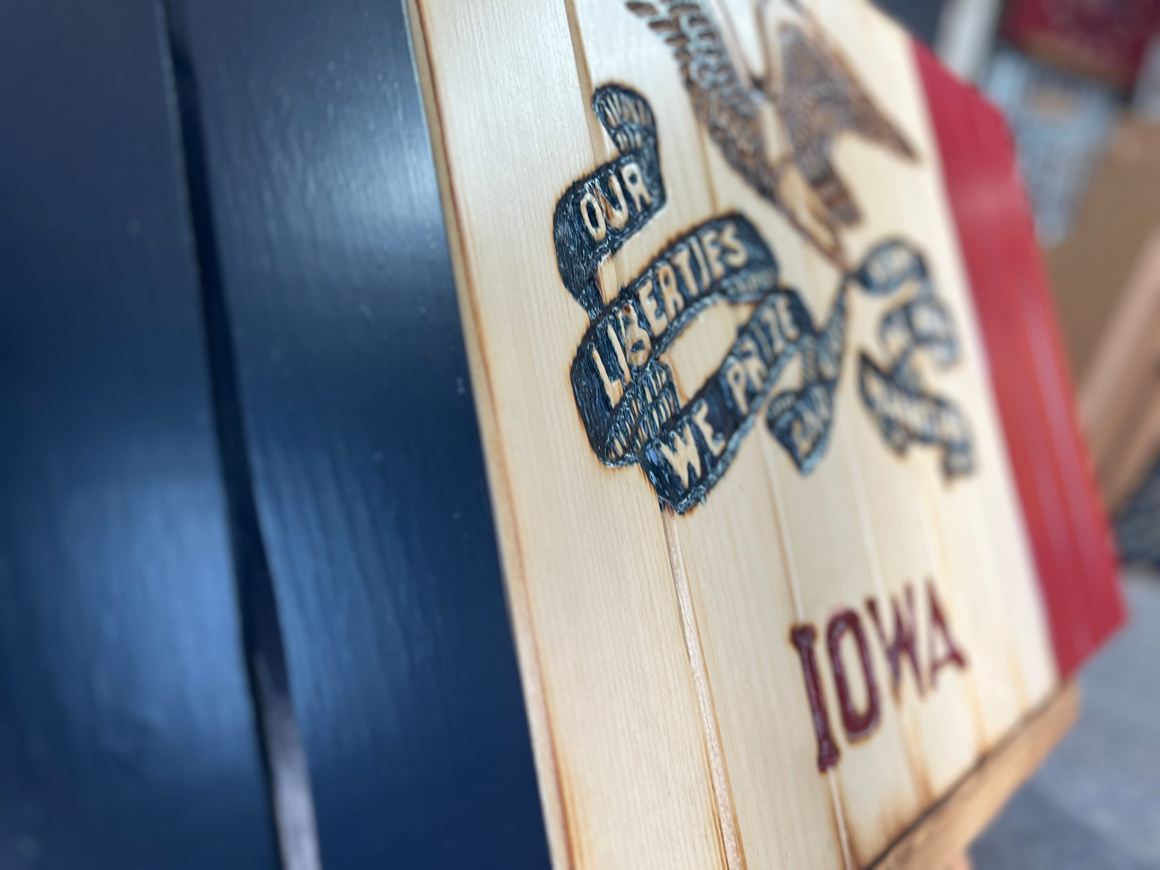 Iowa Handcarved Wooden Flag
