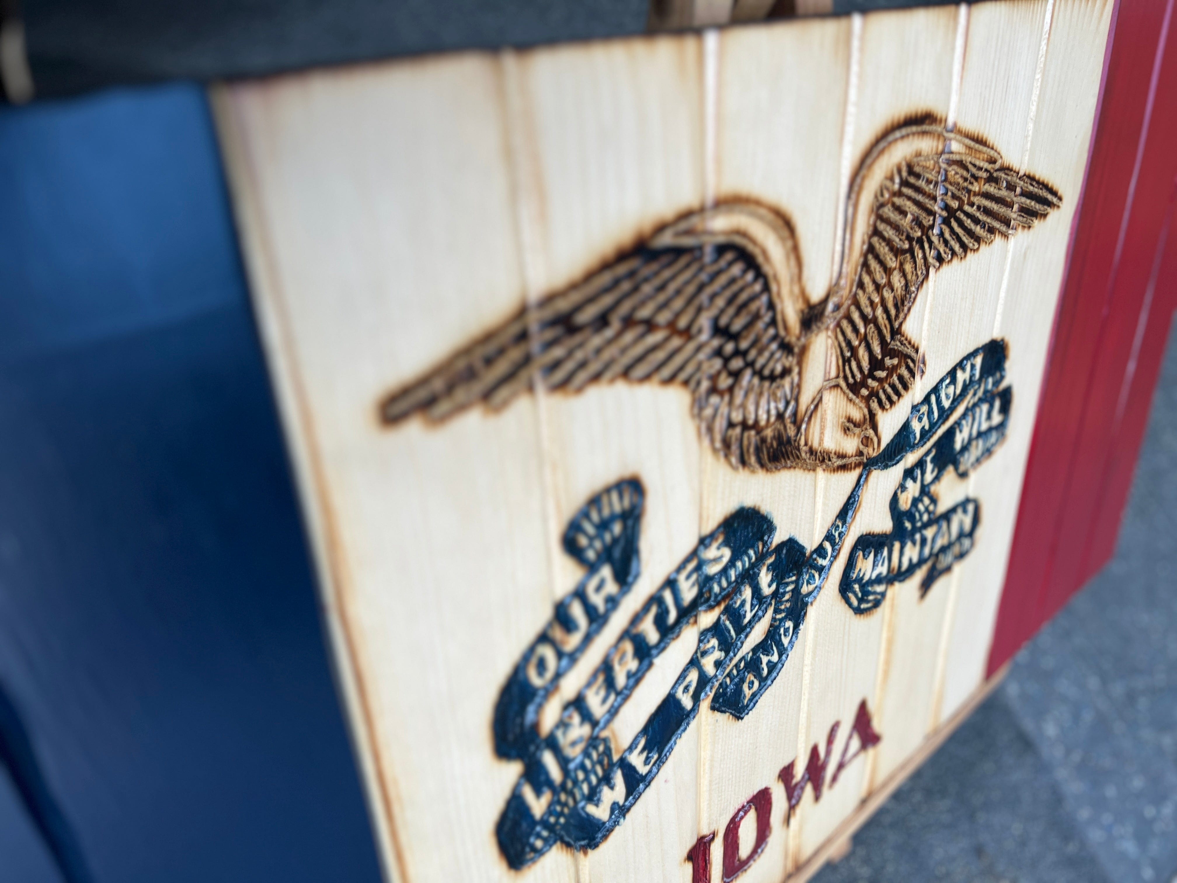 Iowa Handcarved Wooden Flag