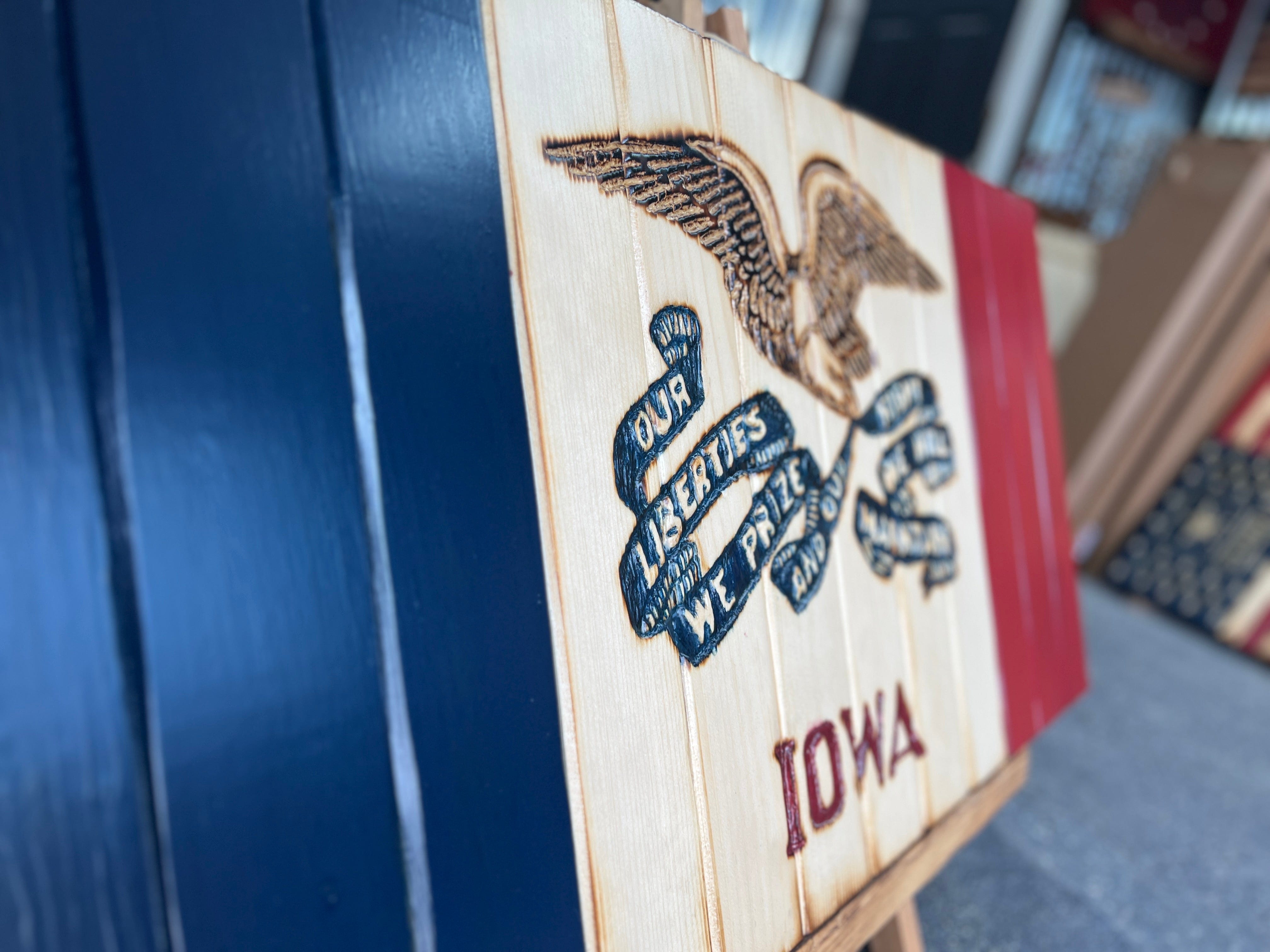 Iowa Handcarved Wooden Flag