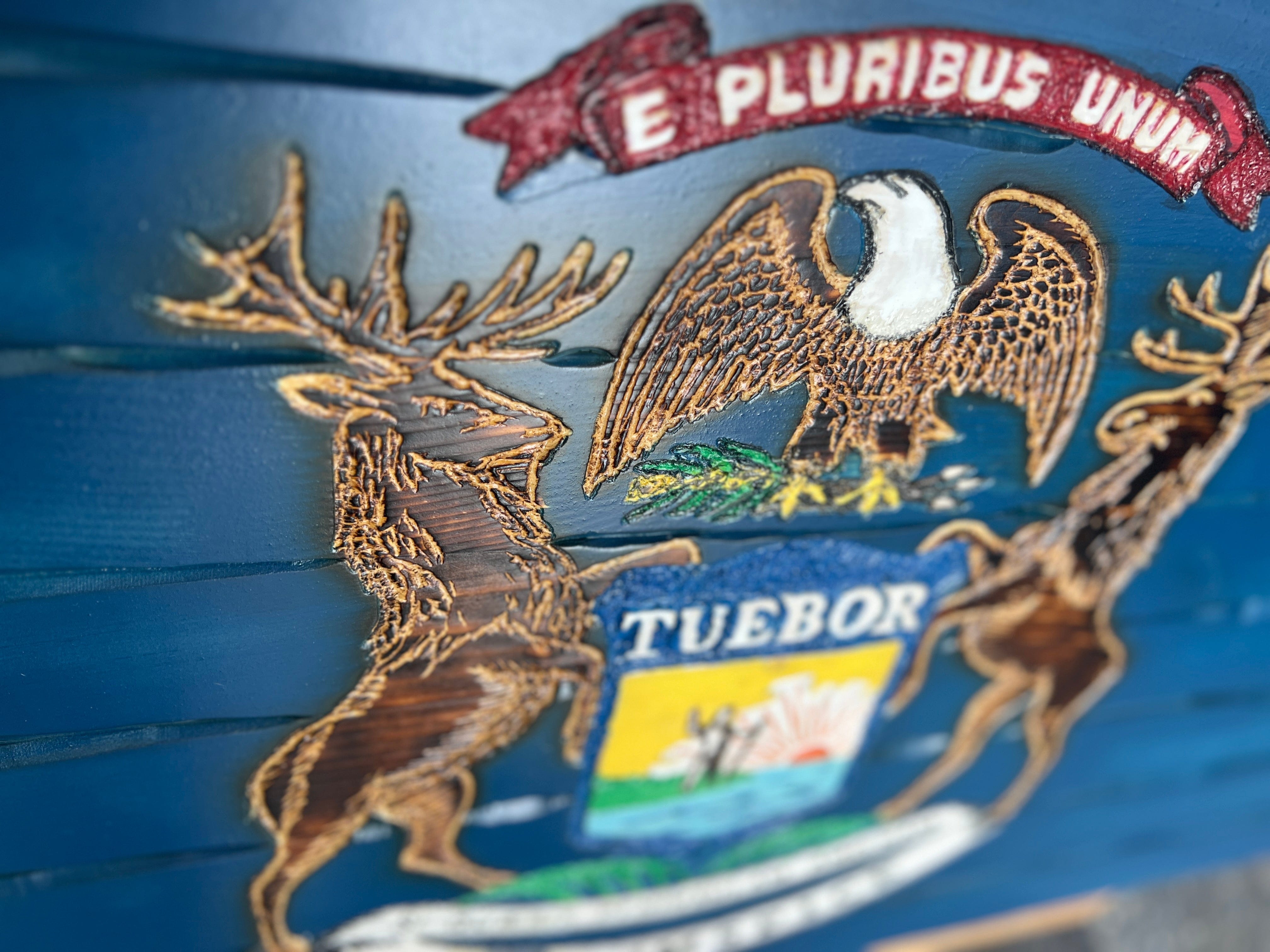 Michigan Handcarved Wooden Flag
