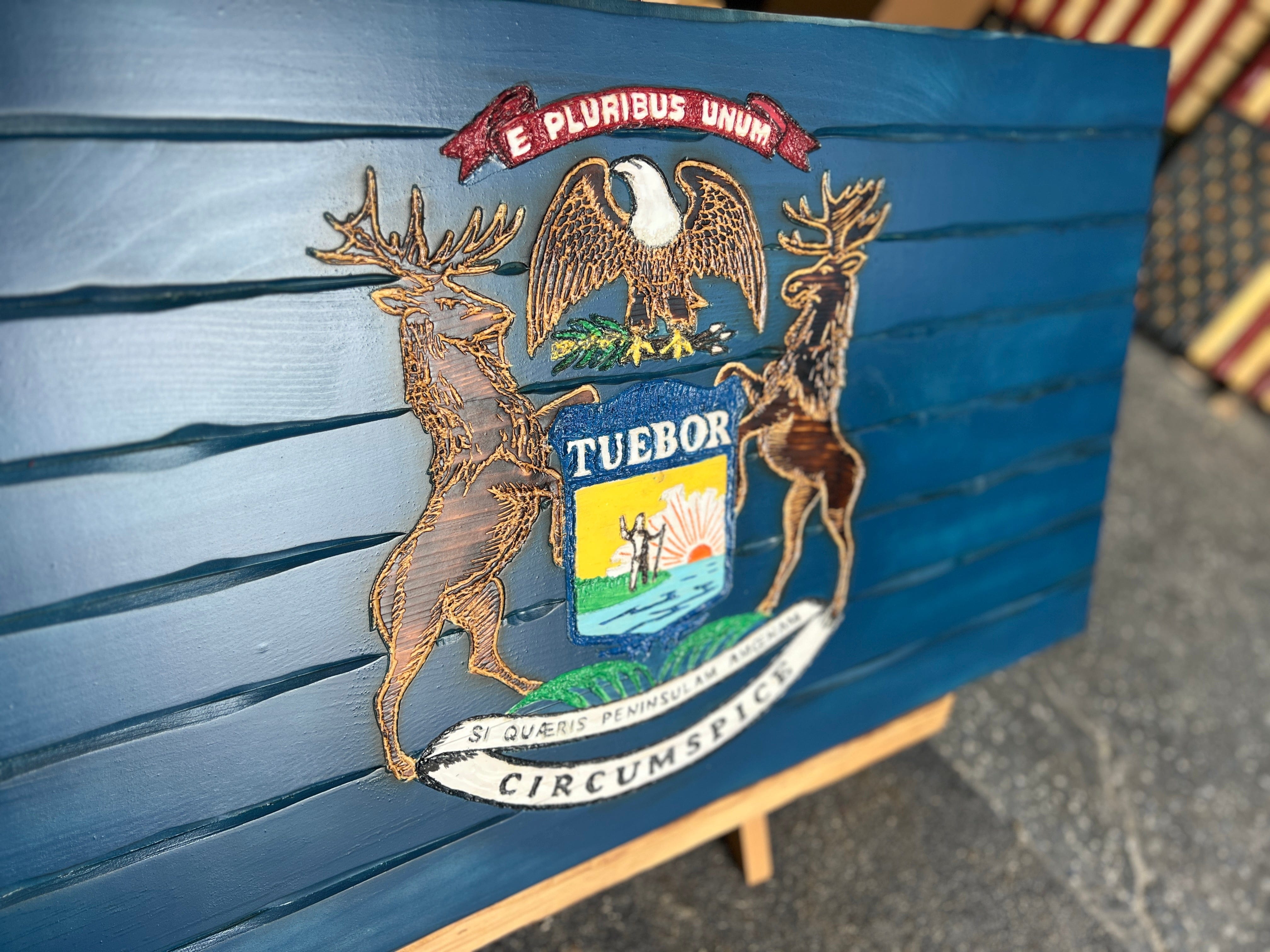 Michigan Handcarved Wooden Flag