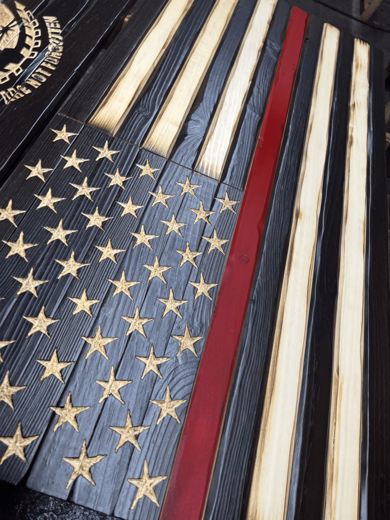 Thin Red Line Handcrafted Wooden Flag