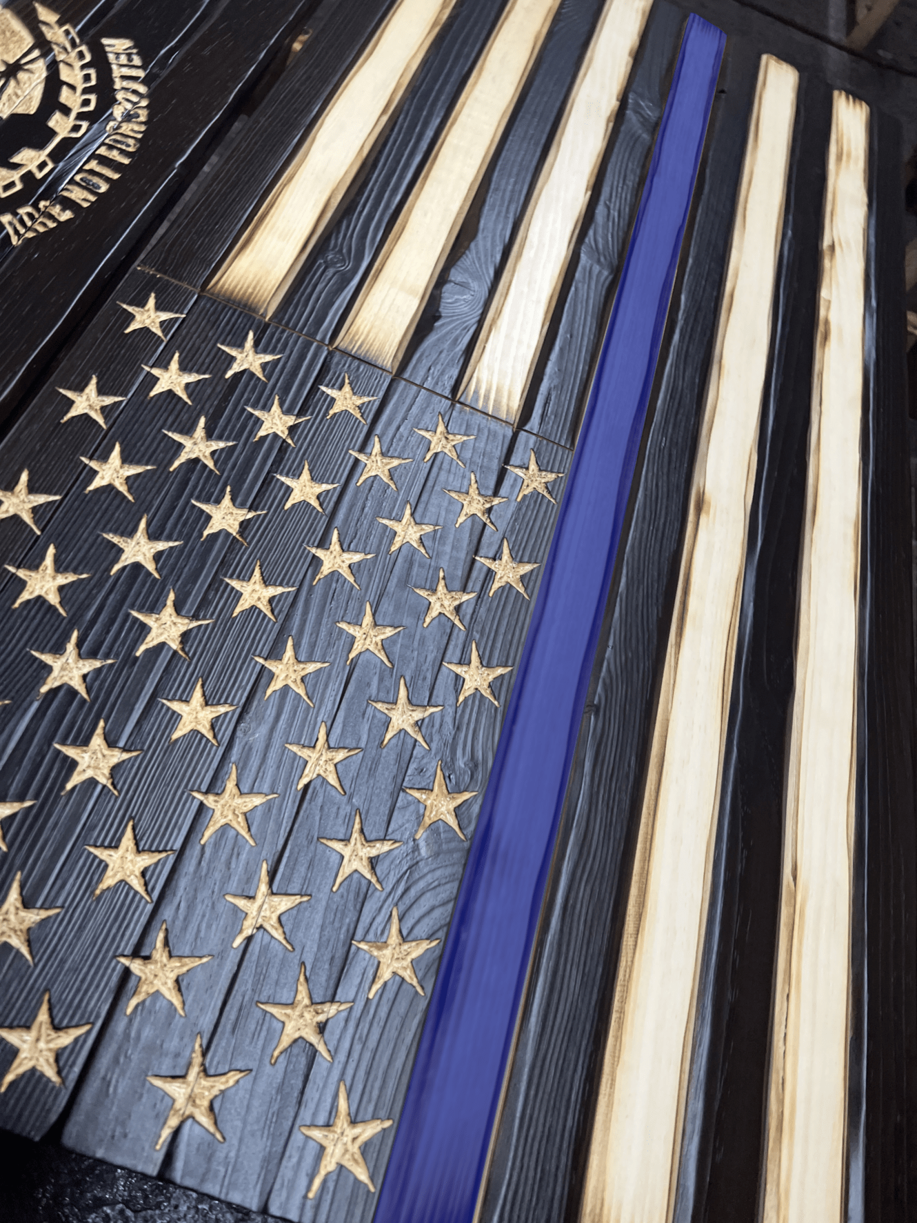 Thin Blue Line Charred Handmade Wooden Flag