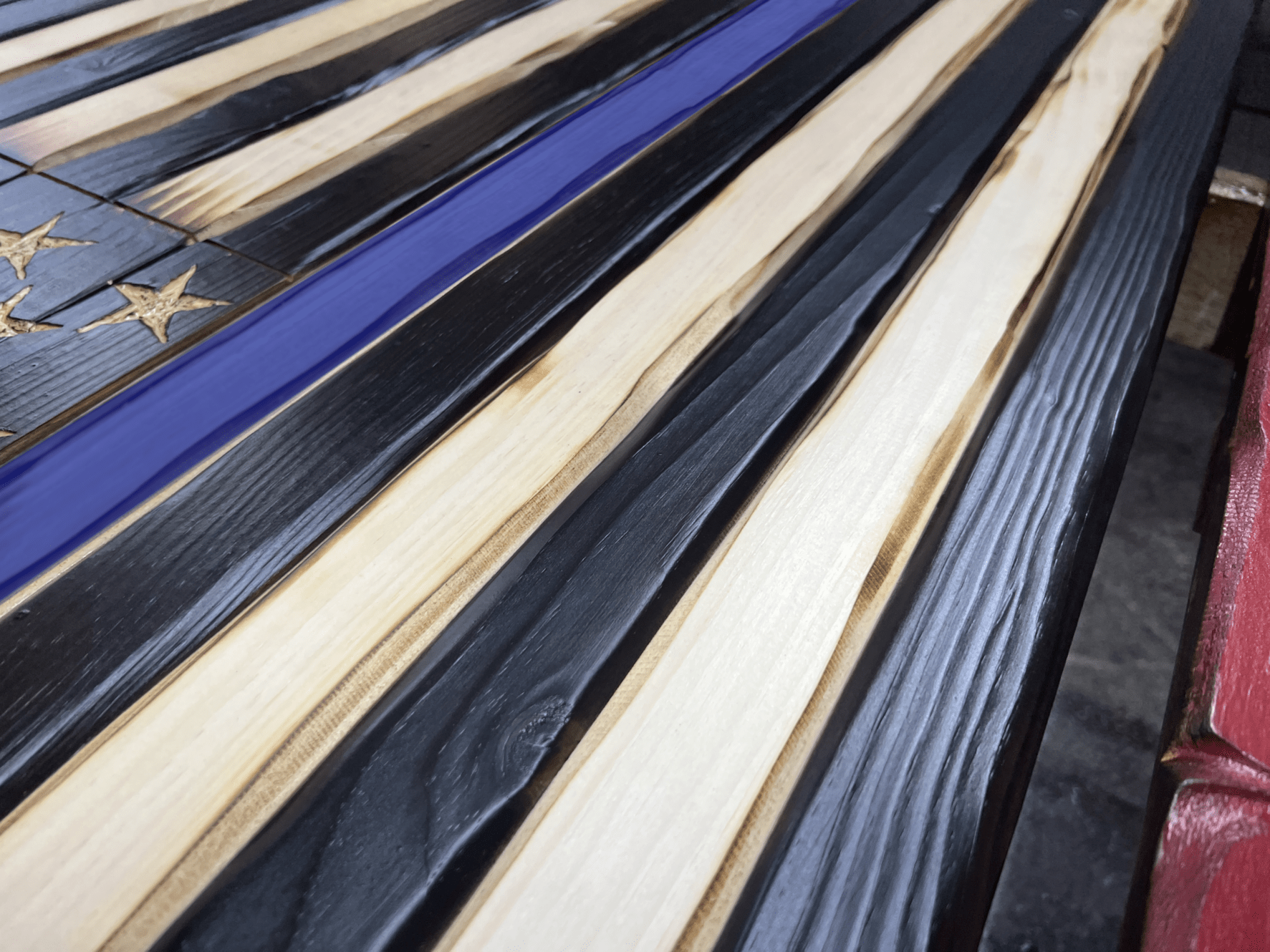 Thin Blue Line Charred Handmade Wooden Flag