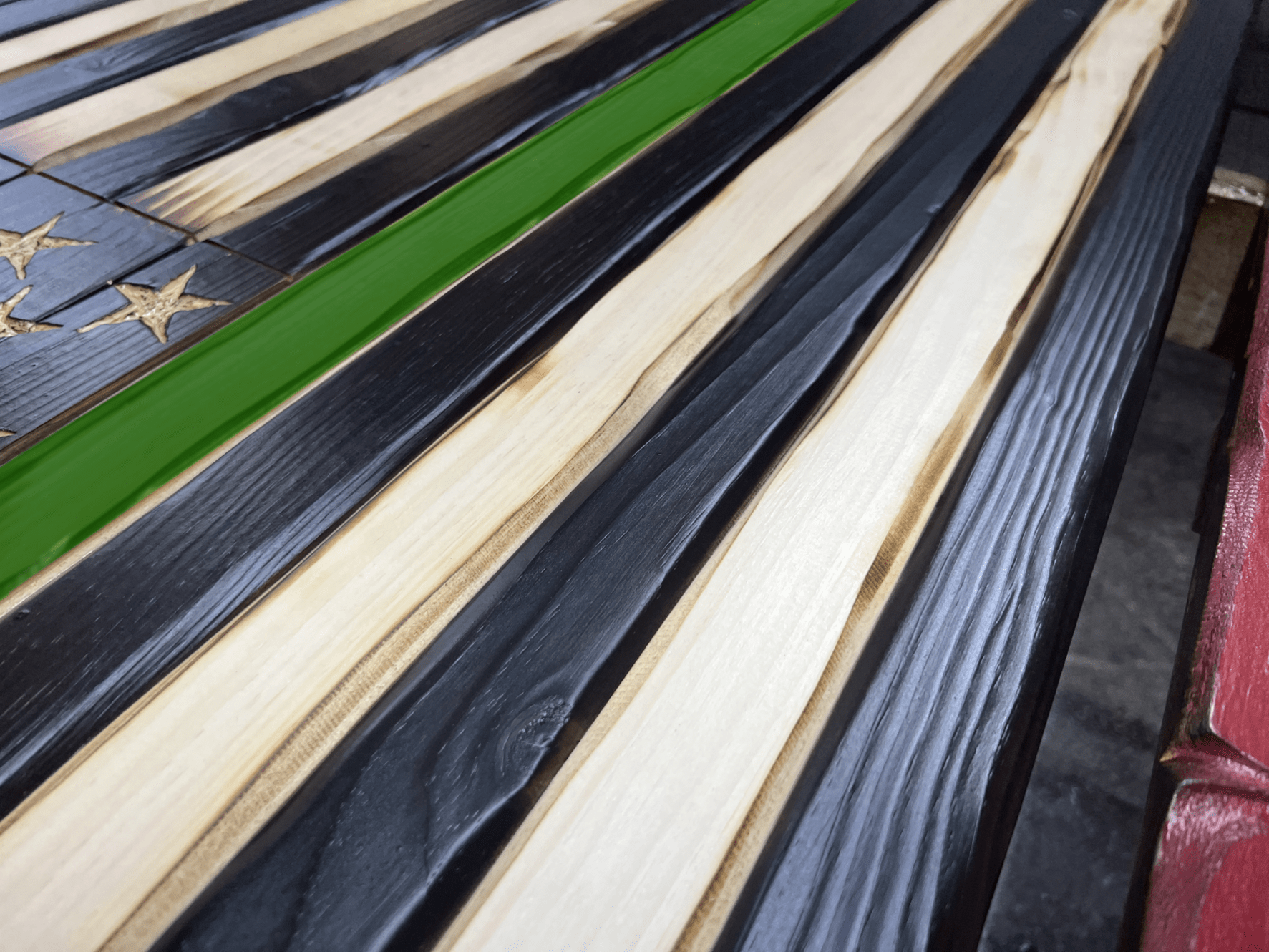 Thin Green Line Charred Handmade Wooden Flag