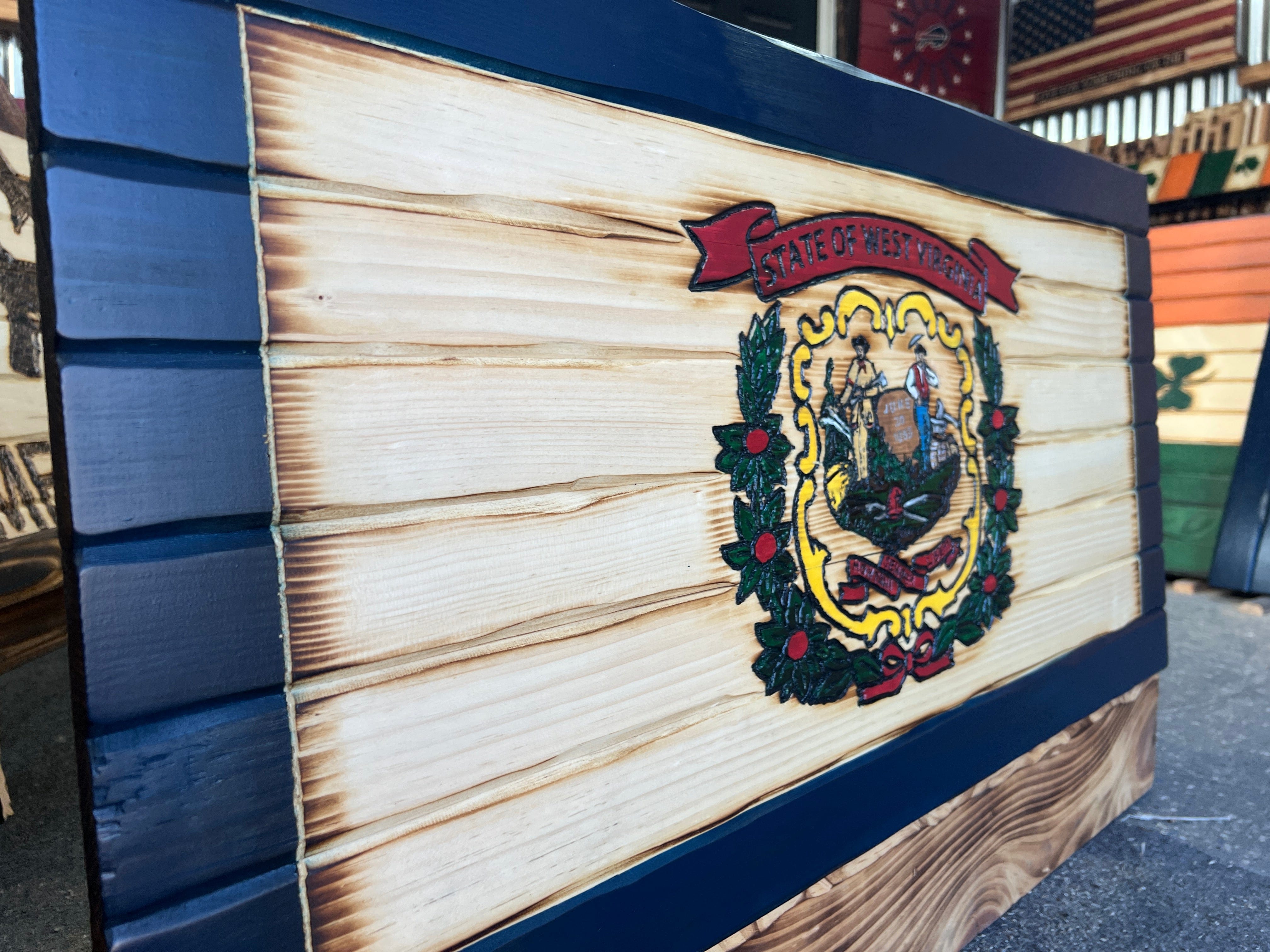 West Virginia Handcarved Wooden Flag