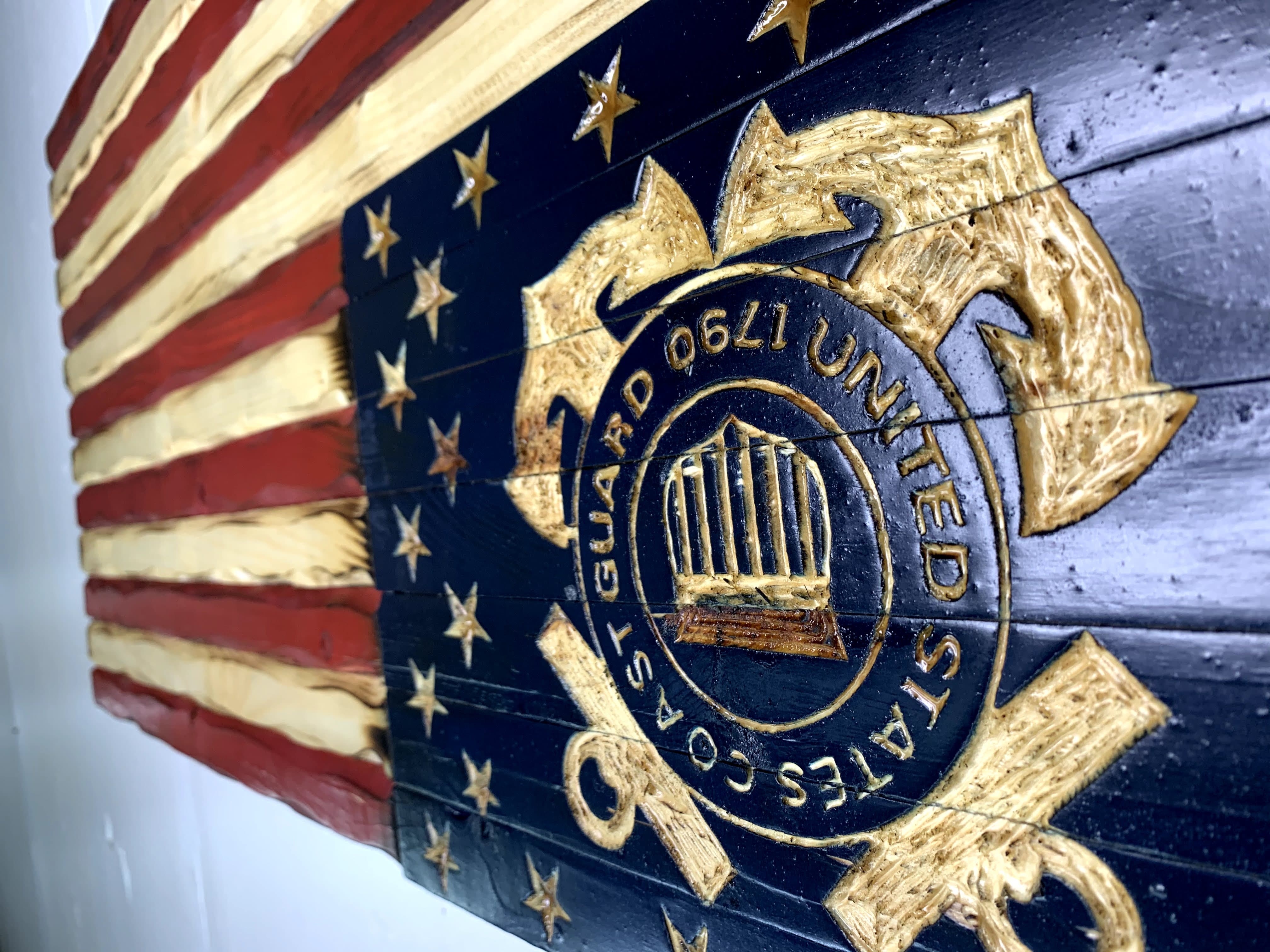 Coast Guard Glory Handcarved American Wooden Flag