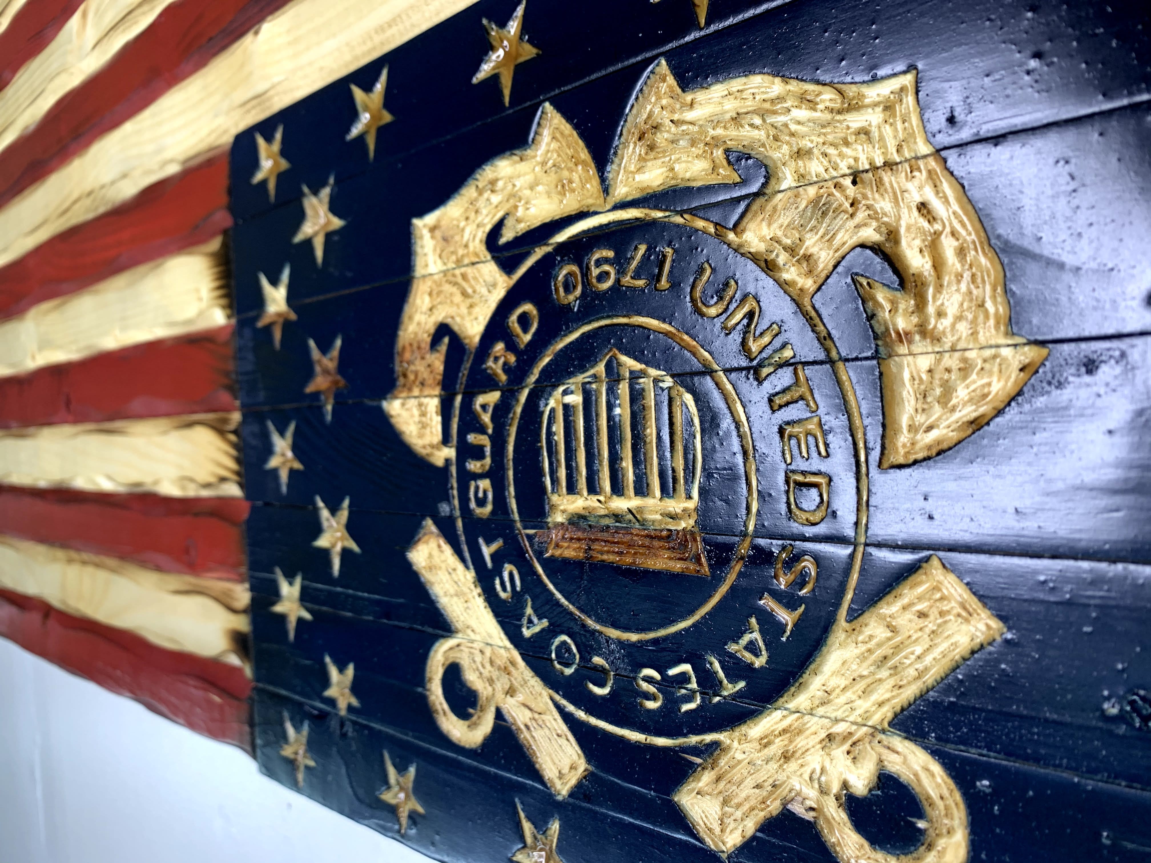 Coast Guard Glory Handcarved American Wooden Flag