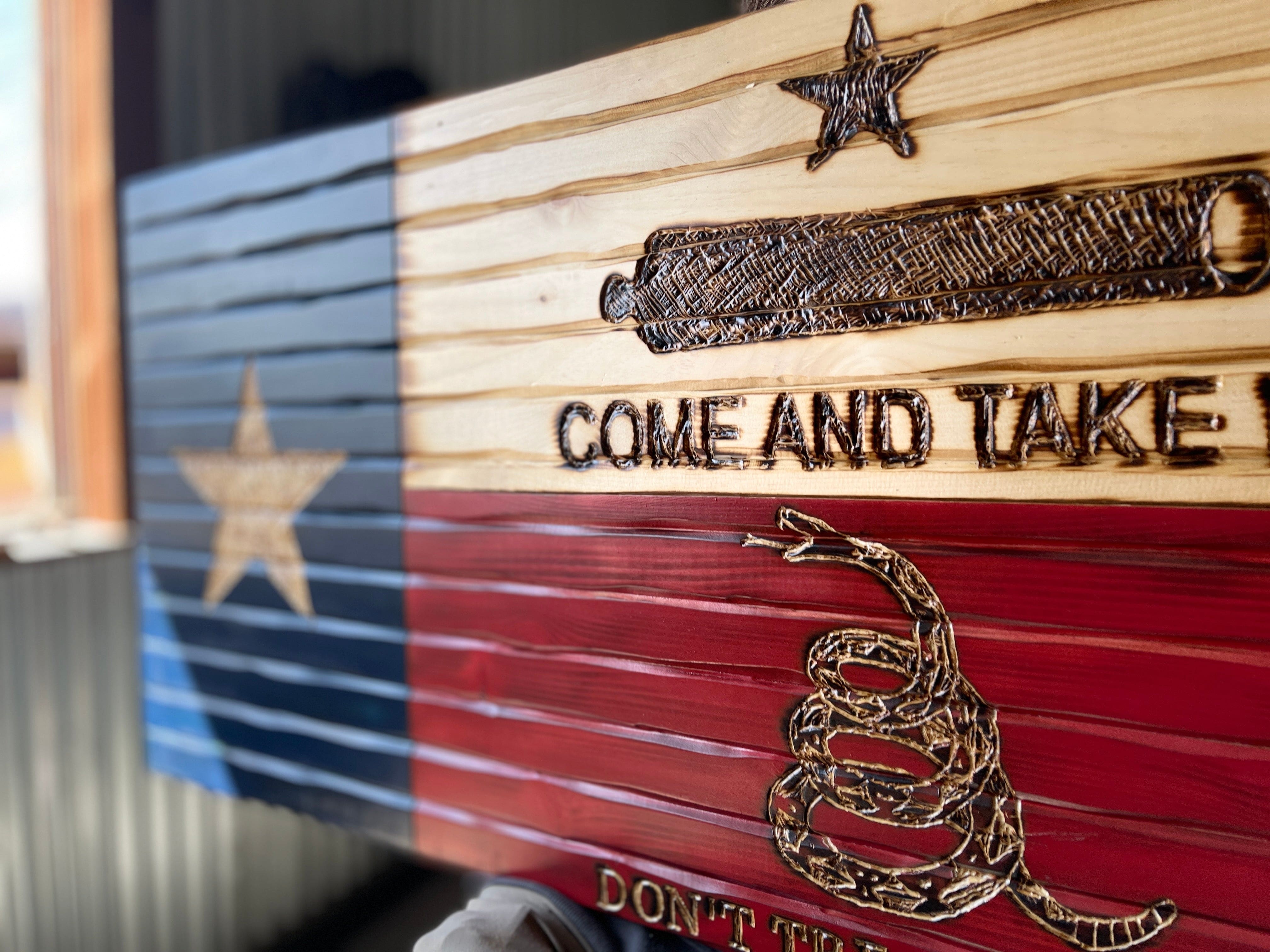 Texas Wooden Flag Come and Take It Dont tread on me handcarved