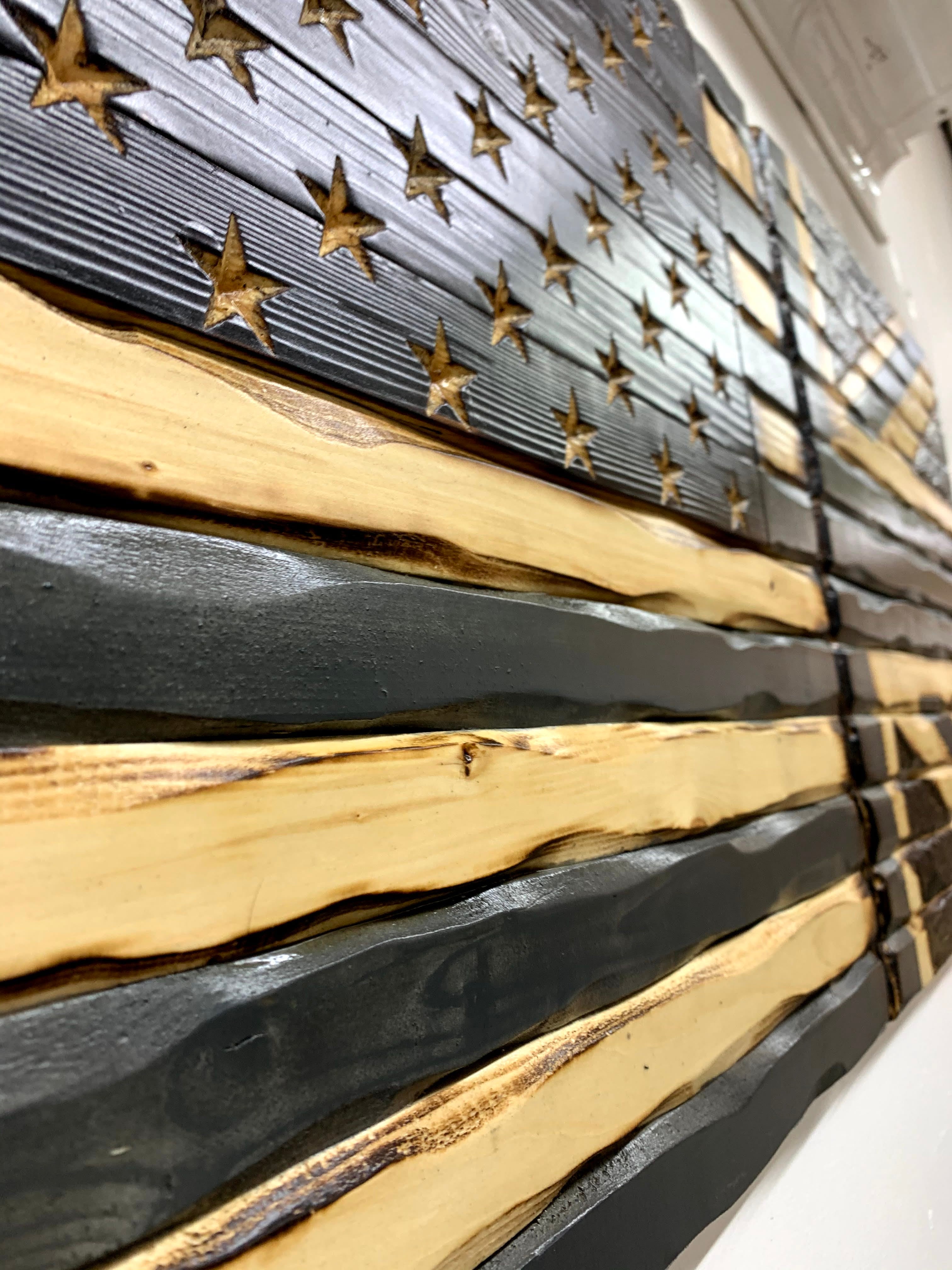 Charred USA/Union Jack Handcarved Wooden Flag