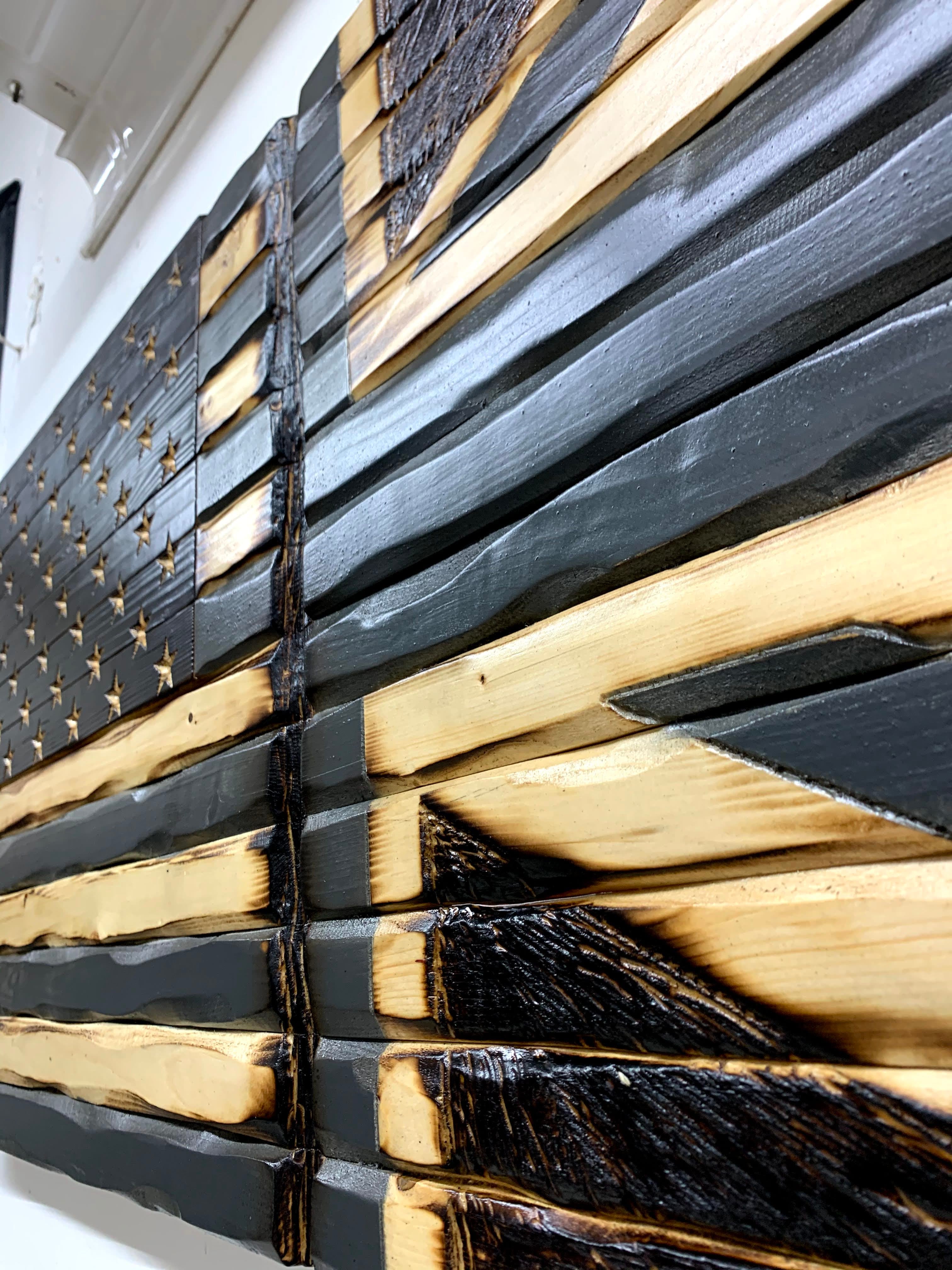 Charred USA/Union Jack Handcarved Wooden Flag