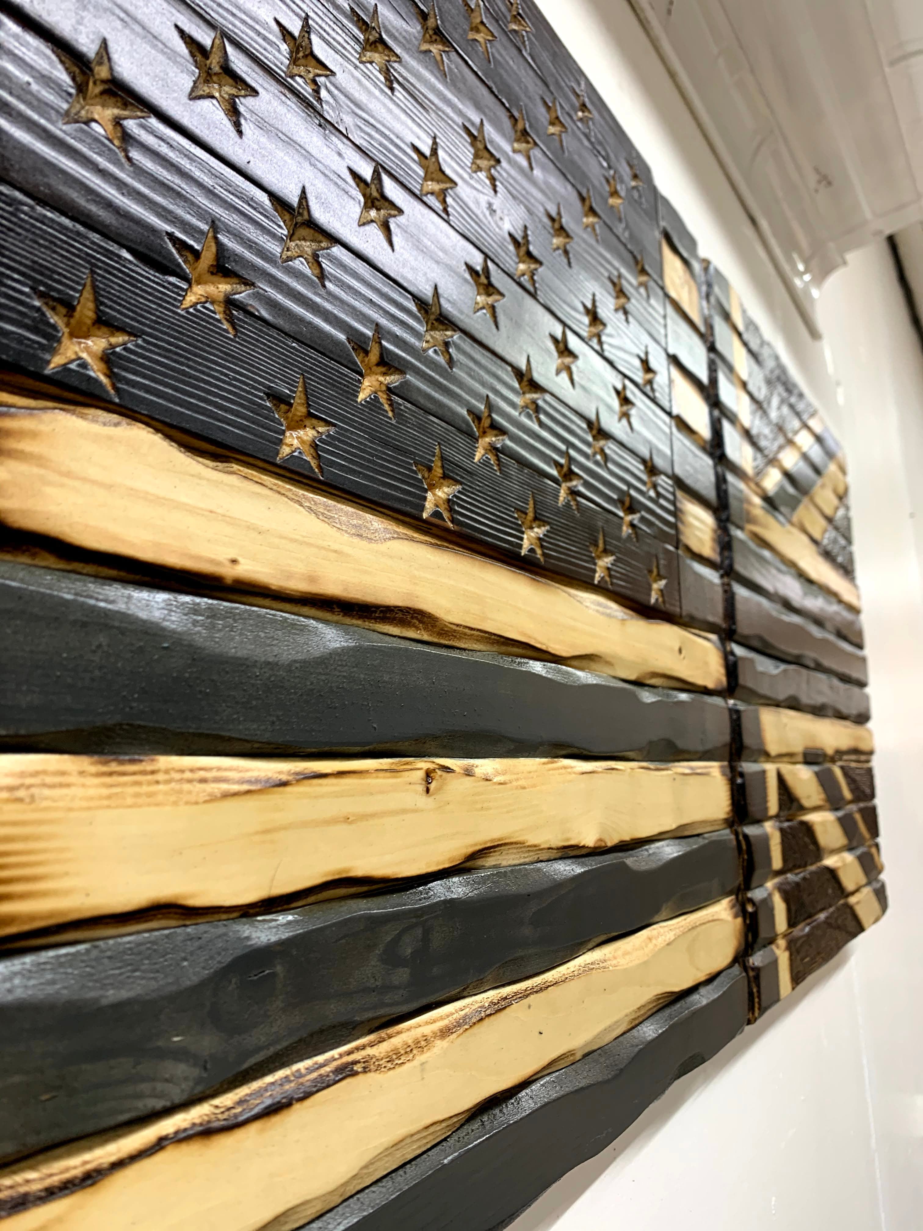 Charred USA/Union Jack Handcarved Wooden Flag