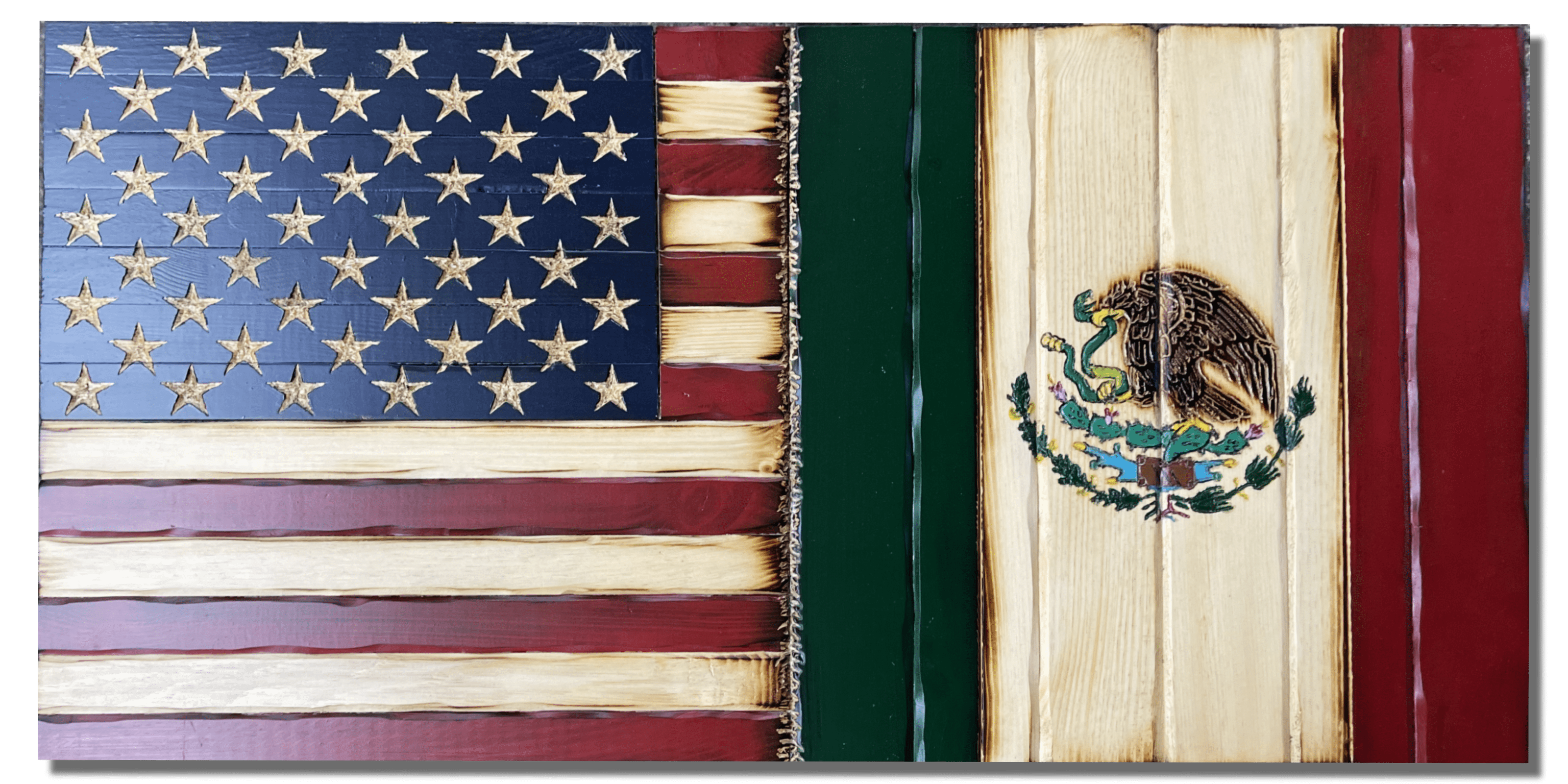 USA/Mexico Handcarved Wooden Flag