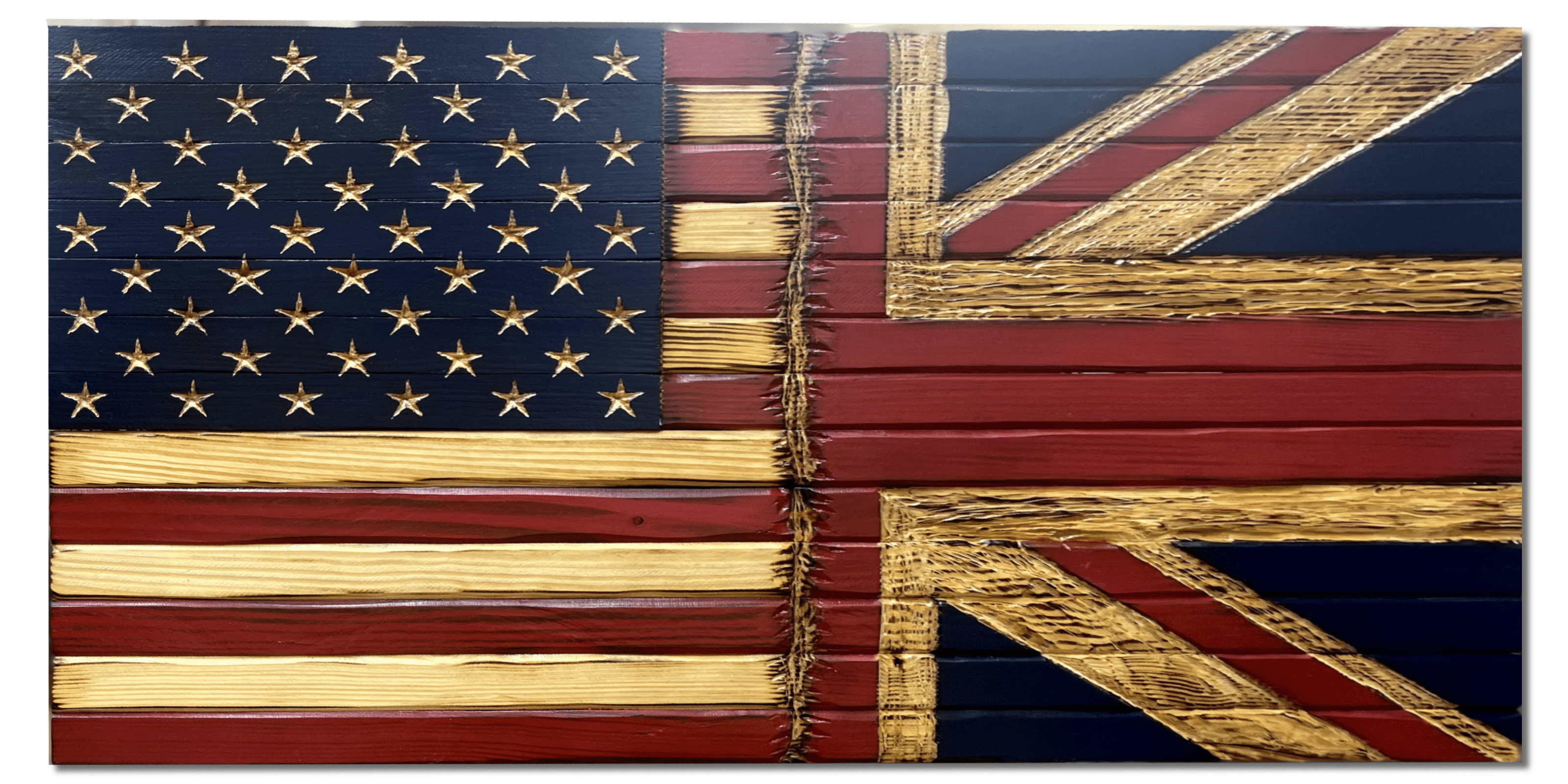 USA/Union Jack Handcarved Wooden Flag