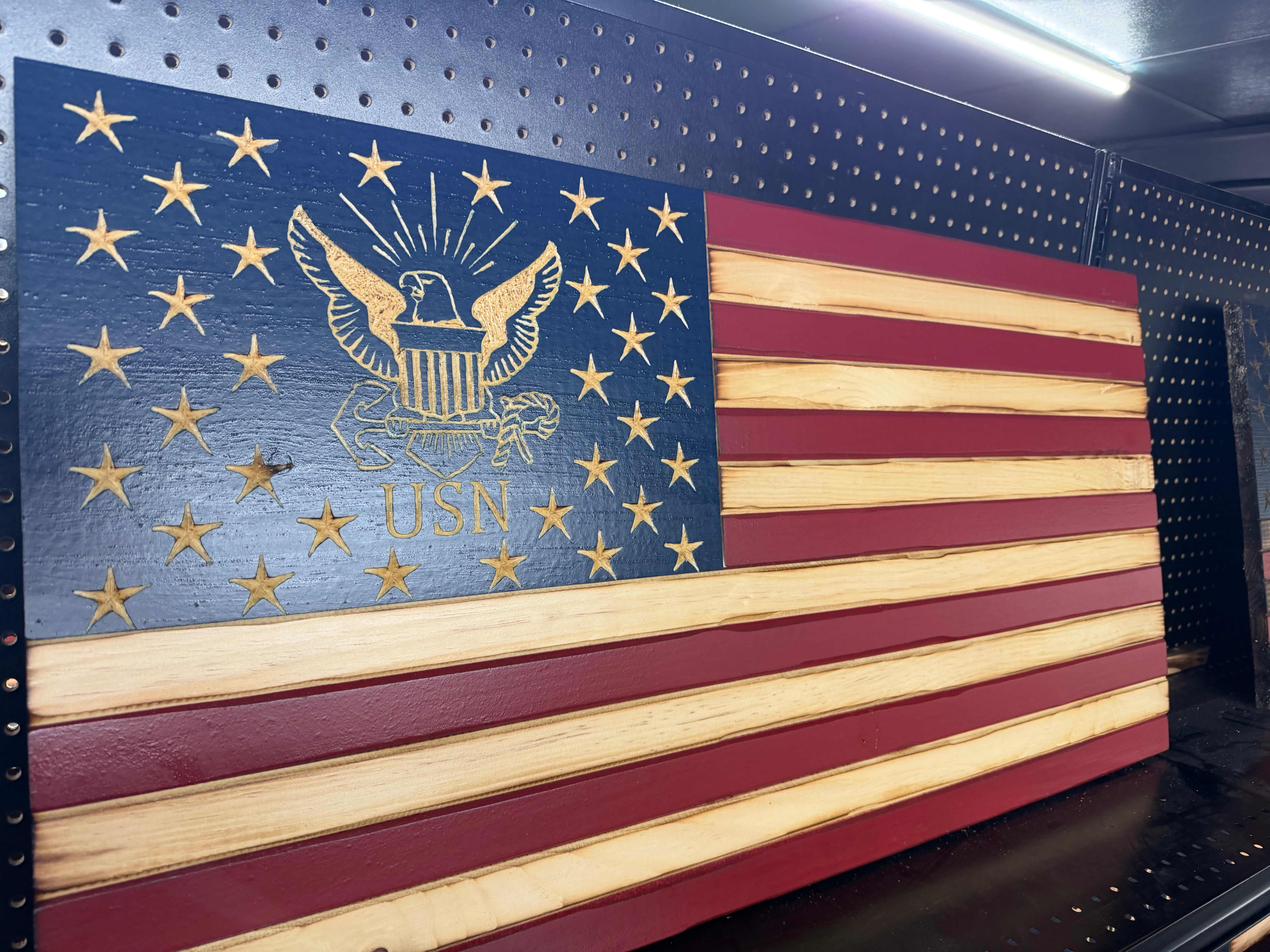 Medium 38x19 Navy Old Glory //  Imperfections and or Damage See image for details / read description EXPEDITE 642