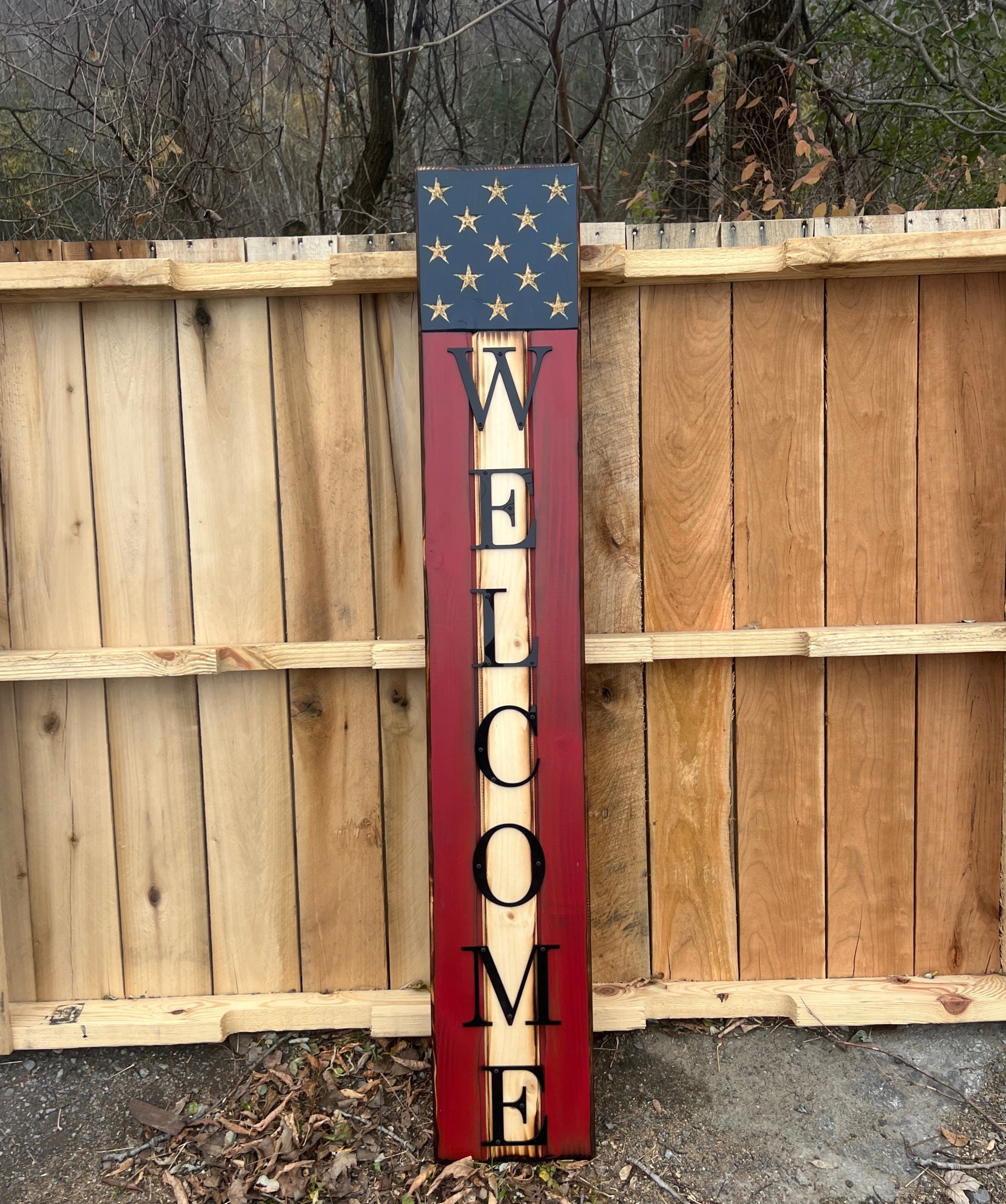 Patriotic Wooden American Flag Welcome Sign