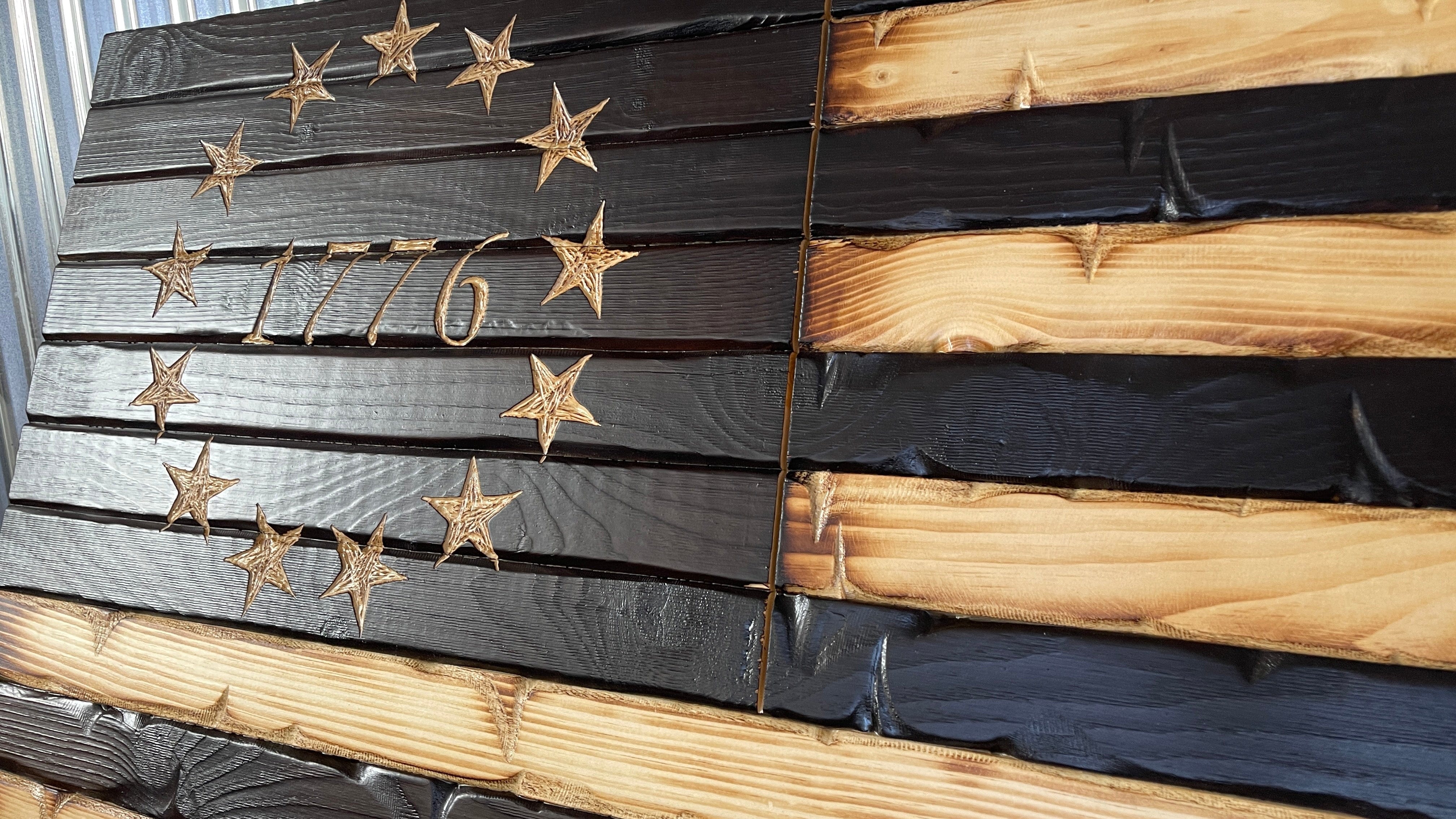 Rustic Charred Glory 1776 Handcarved Wooden American Flag
