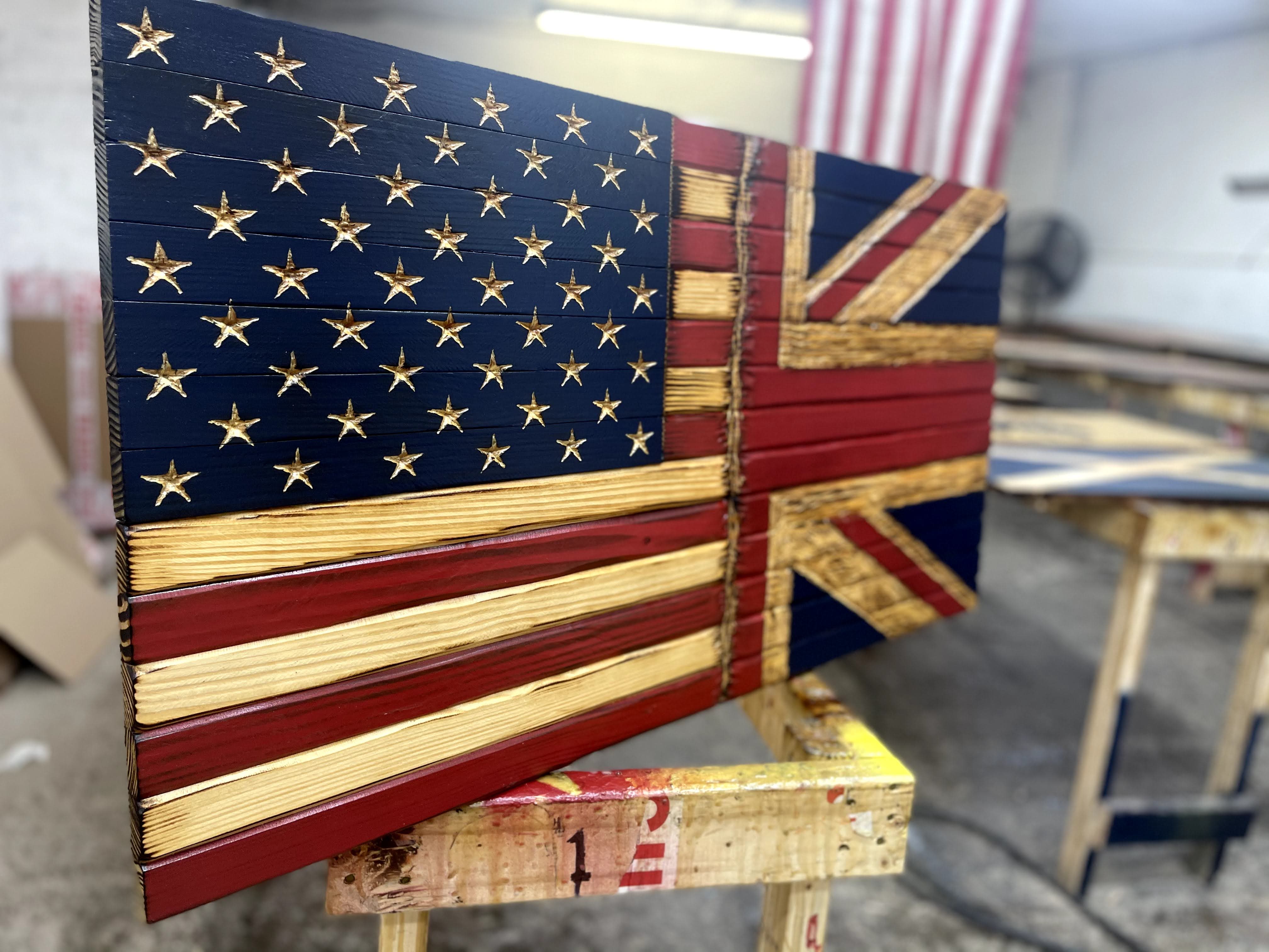 USA/Union Jack Handcarved Wooden Flag