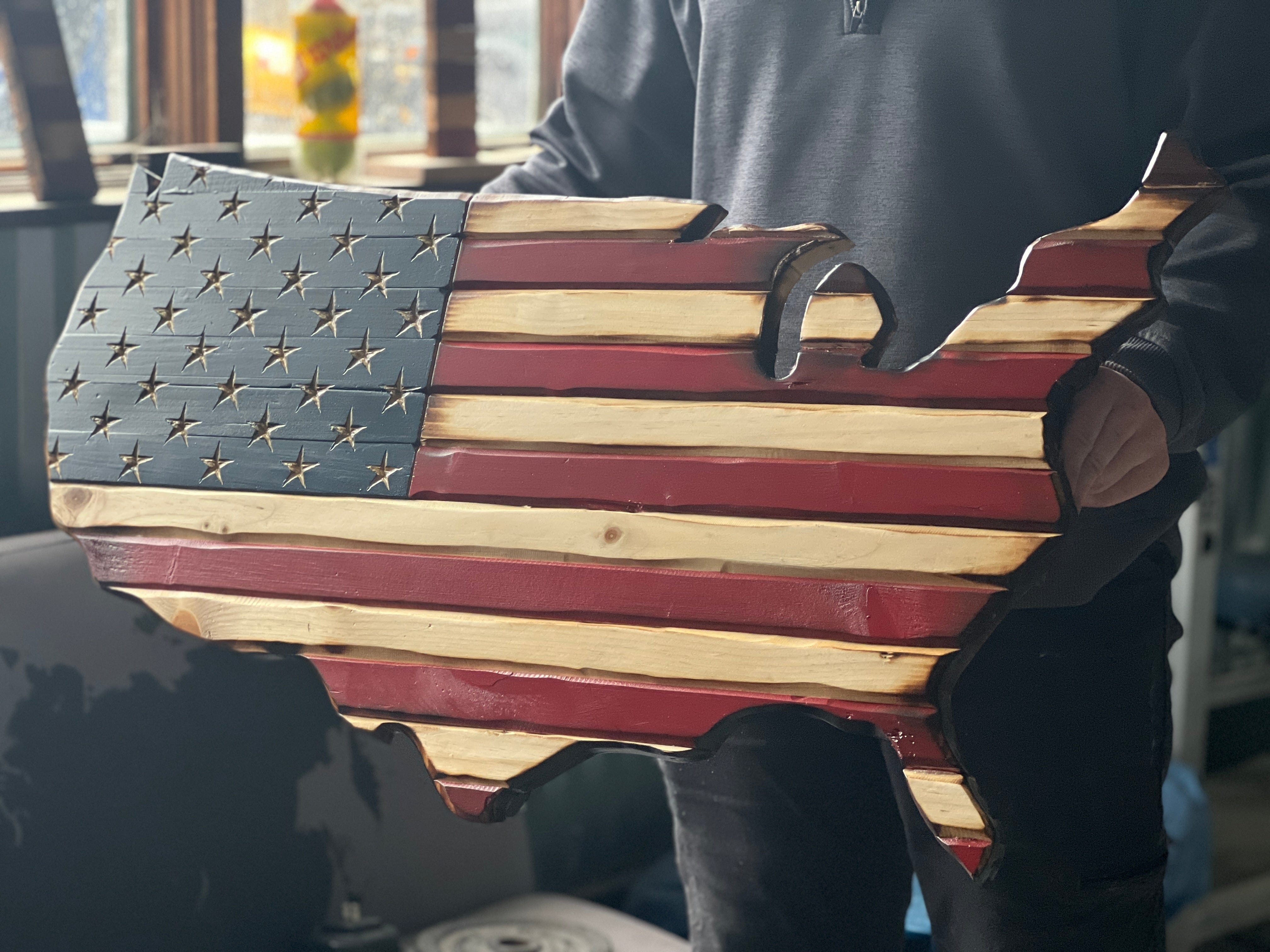 USA Outline Old Glory American Handmade Wooden Flag